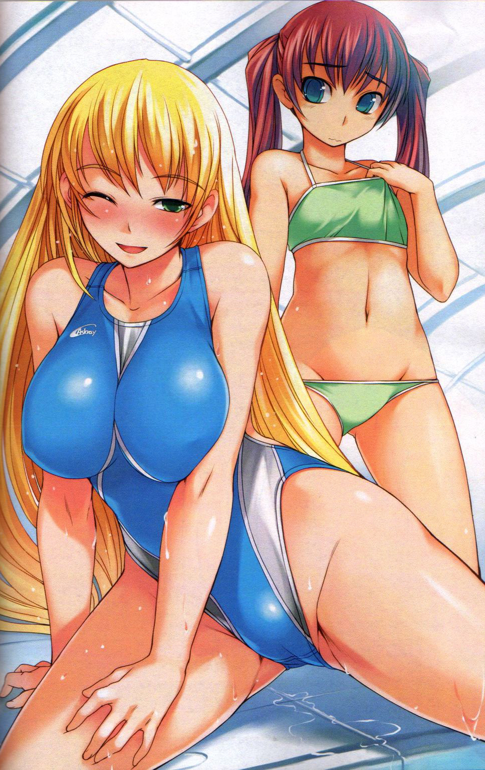 bosshi, original, hand on thigh, highres, non-web source, 2girls, ;d, aqua eyes, bare shoulders, bikini, blonde hair, blush, breast envy, breasts, collarbone, competition swimsuit, female focus, flat chest, green bikini, green eyes, groin, highleg, indoors, large breasts, light smile, long hair, looking at viewer, lowleg, lowleg bikini, midriff, multiple girls, navel, one-piece swimsuit, one eye closed, open mouth, poolside, red hair, smile, swimsuit, thighs, twintails, very long hair, wavy hair, wet, wink