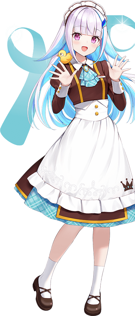 lize helesta, sebastian piyodore, coco's, nijisanji, artist request, official art, second-party source, 1girl, :d, animal, animal on shoulder, apron, ascot, bird, bird on shoulder, blue ascot, blue dress, blue gemstone, blue hair, blunt bangs, blush, breasts, brooch, brown dress, brown shoes, collared dress, colored inner hair, dress, full body, gem, hair ornament, hands up, jewelry, juliet sleeves, layered dress, long hair, long sleeves, looking at viewer, maid headdress, mary janes, medium dress, monocle, multicolored hair, name tag, official alternate costume, open mouth, plaid ascot, plaid clothes, plaid dress, puffy sleeves, purple eyes, shoes, sidelocks, sleeve cuffs, small breasts, smile, socks, spread fingers, standing, star (symbol), streaked hair, transparent background, two-tone hair, very long hair, virtual youtuber, waist apron, waitress, white apron, white hair, white headdress, white socks, yellow bird