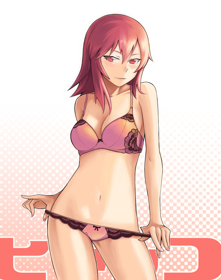 bowieknife, andou nene, hyakko, 00s, 1girl, bow, bow panties, bra, breasts, cleavage, female focus, halftone, halftone background, lingerie, long hair, lowleg, lowleg panties, navel, panties, panty pull, red eyes, red hair, red panties, solo, underwear, underwear only