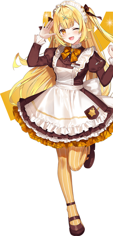 hoshikawa sara, coco's, nijisanji, artist request, official art, second-party source, 1girl, :d, ankle strap, apron, blonde hair, blush, bow, bowtie, breasts, brooch, brown dress, brown ribbon, brown shoes, dress, frilled apron, frilled dress, frilled sleeves, frills, full body, gem, hair ornament, hair ribbon, hands up, jewelry, juliet sleeves, knees together feet apart, leg up, long hair, long sleeves, looking at viewer, maid, maid apron, maid headdress, mary janes, name tag, official alternate costume, one eye closed, open mouth, orange bow, orange bowtie, orange gemstone, pantyhose, plaid bow, plaid bowtie, plaid clothes, puffy sleeves, ribbon, shoes, short dress, small breasts, smile, solo, standing, standing on one leg, star (symbol), striped clothes, striped pantyhose, transparent background, two side up, vertical-striped clothes, vertical-striped pantyhose, very long hair, virtual youtuber, white apron, white headdress, x hair ornament, yellow eyes, yellow pantyhose
