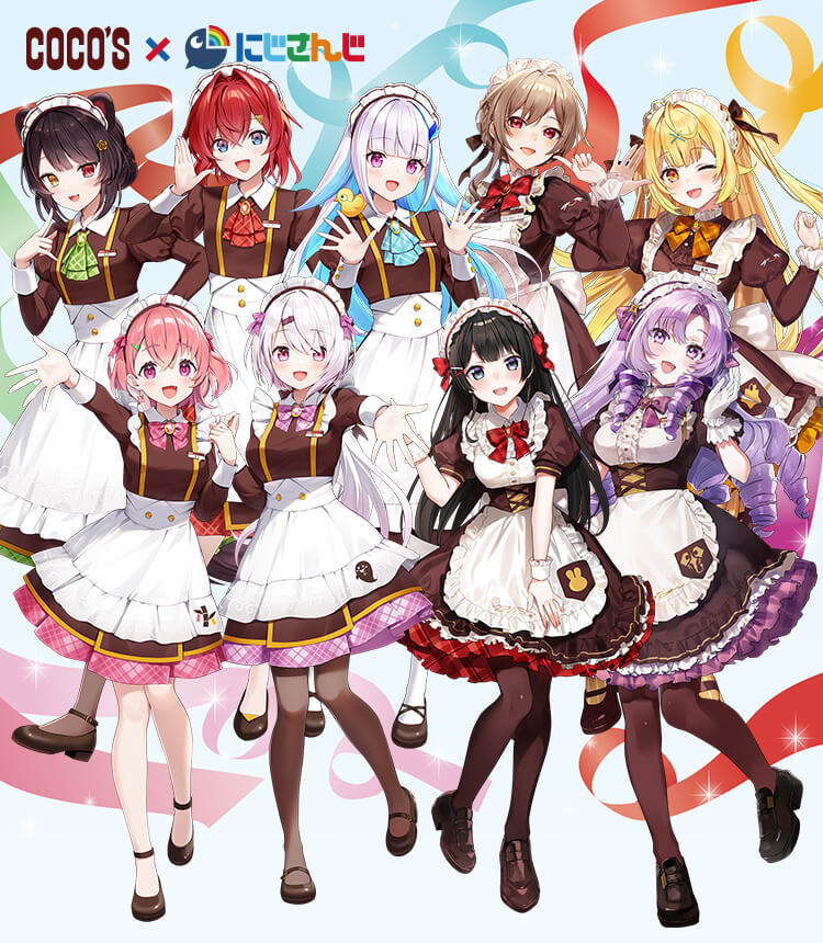 ange katrina, furen e lustario, hoshikawa sara, hyakumantenbara salome, inui toko, lize helesta, sasaki saku, sebastian piyodore, shiina yuika, tsukino mito, coco's, nijisanji, artist request, official art, second-party source, 6+girls, :d, ahoge, animal, animal ears, animal on shoulder, ankle strap, apron, ascot, bird, bird on shoulder, black hair, blonde hair, blue ascot, blue eyes, blue gemstone, blue hair, blunt bangs, blush, bow, bowtie, breasts, brooch, brown corset, brown dress, brown hair, brown pantyhose, brown ribbon, brown shoes, collared dress, colored inner hair, copyright name, corset, crossed bangs, curtained hair, dog ears, dress, drill hair, drill sidelocks, earrings, fang, fangs, flats, flower, frilled apron, frilled dress, frilled gloves, frilled hairband, frilled sleeves, frills, gem, gloves, green ascot, green gemstone, group picture, hair between eyes, hair flower, hair intakes, hair ornament, hair ribbon, hairband, hairclip, hairpin, hands up, head tilt, heterochromia, jewelry, juliet sleeves, loafers, long dress, long hair, long sidelocks, long sleeves, looking at viewer, low block heels, maid, maid apron, maid headdress, mary janes, medium breasts, medium dress, medium hair, mole, mole under eye, multicolored hair, multiple girls, multiple hairpins, name tag, official alternate costume, one eye closed, open mouth, orange bow, orange bowtie, orange gemstone, outstretched arm, pantyhose, parted bangs, pink bow, pink bowtie, pink eyes, pink gemstone, pink hair, plaid ascot, plaid bow, plaid bowtie, plaid clothes, plaid dress, puffy short sleeves, puffy sleeves, purple bow, purple bowtie, purple eyes, purple gemstone, purple hair, purple hairband, purple ribbon, red ascot, red bow, red bowtie, red eyes, red gemstone, red hair, red hairband, ribbon, sanbaka (nijisanji), shoes, short dress, short hair, short sleeves, sidelocks, single earring, sleeve cuffs, small breasts, smile, spread fingers, standing, standing on one leg, star (symbol), star in eye, streaked hair, swept bangs, symbol in eye, teeth, triangle hair ornament, two-tone hair, two side up, underbust, updo, upper teeth only, very long hair, virtual youtuber, waist apron, waitress, white apron, white gloves, white hair, white headdress, x hair ornament, yellow bird, yellow eyes