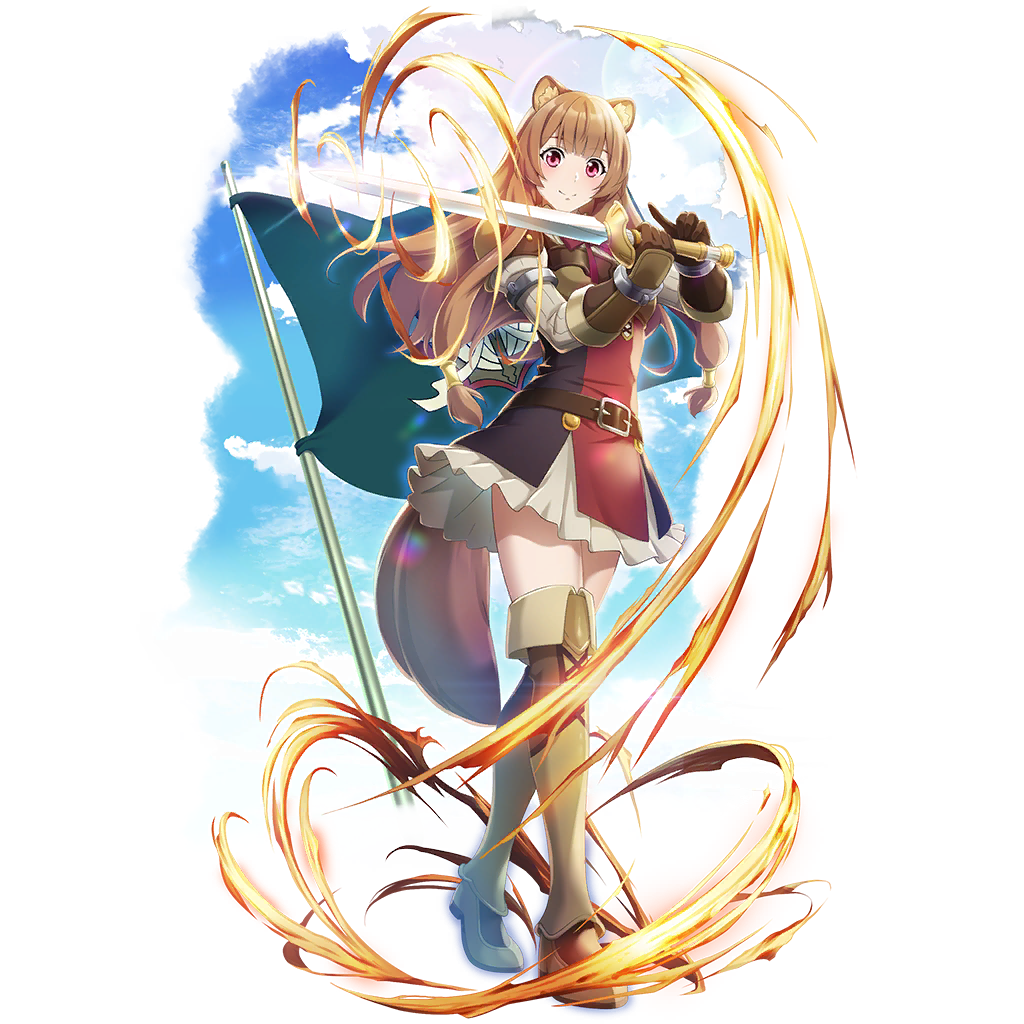 raphtalia, tate no yuusha no nariagari, tate no yuusha no nariagari rerise, artist request, game cg, official art, 1girl, animal ear fluff, armor, armored boots, armored gloves, aura, belt, black dress, blue sky, blunt bangs, boots, breastplate, breasts, brown belt, brown boots, brown gloves, brown hair, closed mouth, cloud, cloudy sky, collared dress, dress, elbow gloves, floating hair, full body, gloves, green flag, high collar, holding, holding sword, holding weapon, layered dress, leather armor, light blush, long hair, long sleeves, looking at viewer, medium breasts, metal arm cuffs, metal hair tubes, metal wrist cuffs, neck ribbon, outdoors, pauldrons, pink eyes, pinstripe dress, pinstripe pattern, red dress, red ribbon, ribbon, short dress, shoulder armor, simple background, single pauldron, sky, sleeveless, sleeveless dress, smile, solo, standing, sword, thigh boots, transparent background, two-tone dress, weapon, white dress