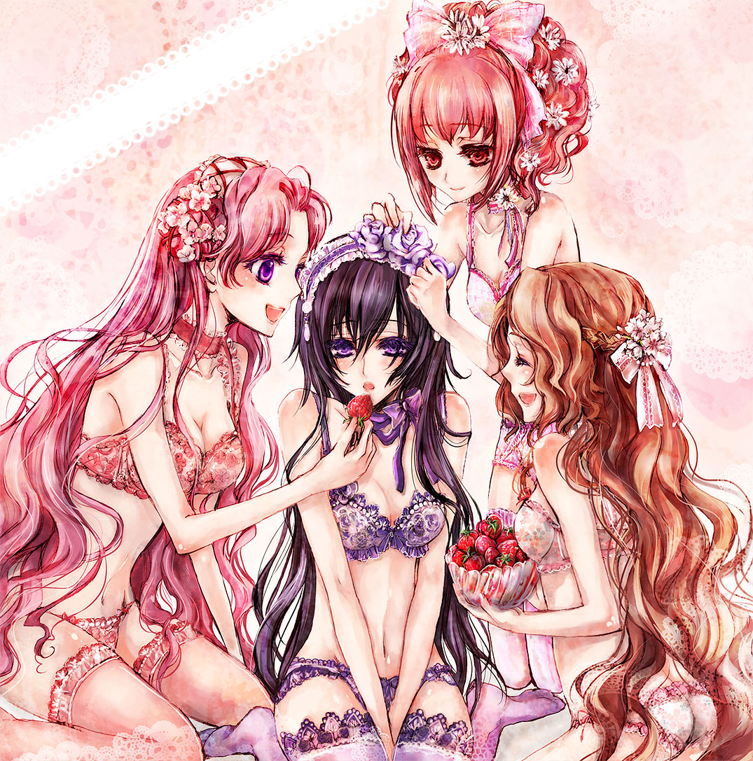hai yoru, anya alstreim, euphemia li britannia, luluko, nunnally vi britannia, code geass, lace-trimmed legwear, 00s, 4girls, blush, bra, breasts, food, fruit, genderswap, genderswap (mtf), lace, lace trim, lingerie, long hair, medium breasts, multiple girls, panties, pink eyes, pink hair, purple panties, red panties, small breasts, strawberry, thighhighs, underwear, underwear only, white panties