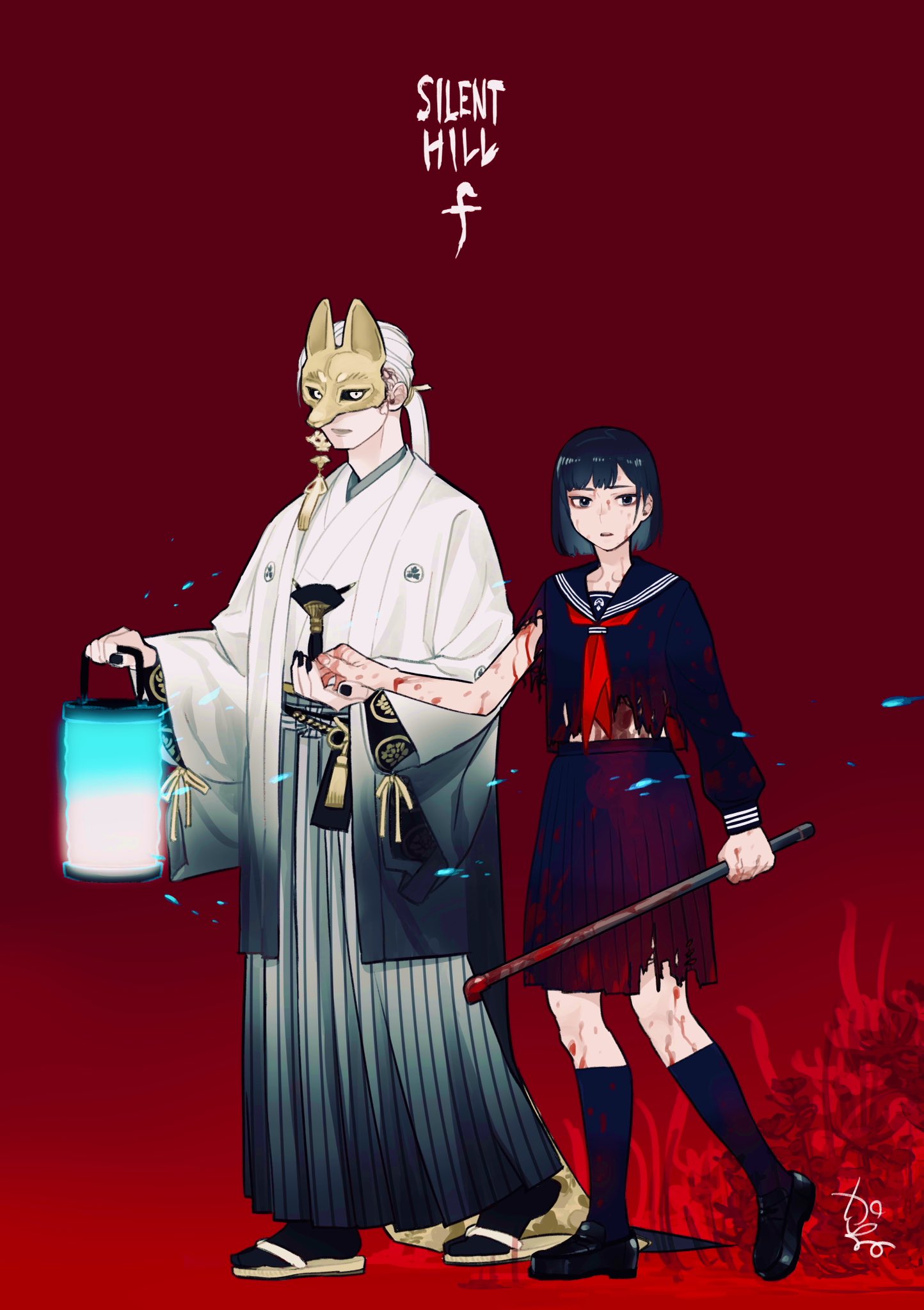kazue kato, fox mask (silent hill), shimizu hinako, silent hill (series), silent hill f, highres, 1boy, 1girl, black hair, black sclera, black serafuku, colored sclera, earrings, flower, fox mask, japanese clothes, jewelry, lead pipe, low ponytail, mask, ponytail, robe, school uniform, serafuku, single earring, spider lily, tassel, tassel earrings, white robe