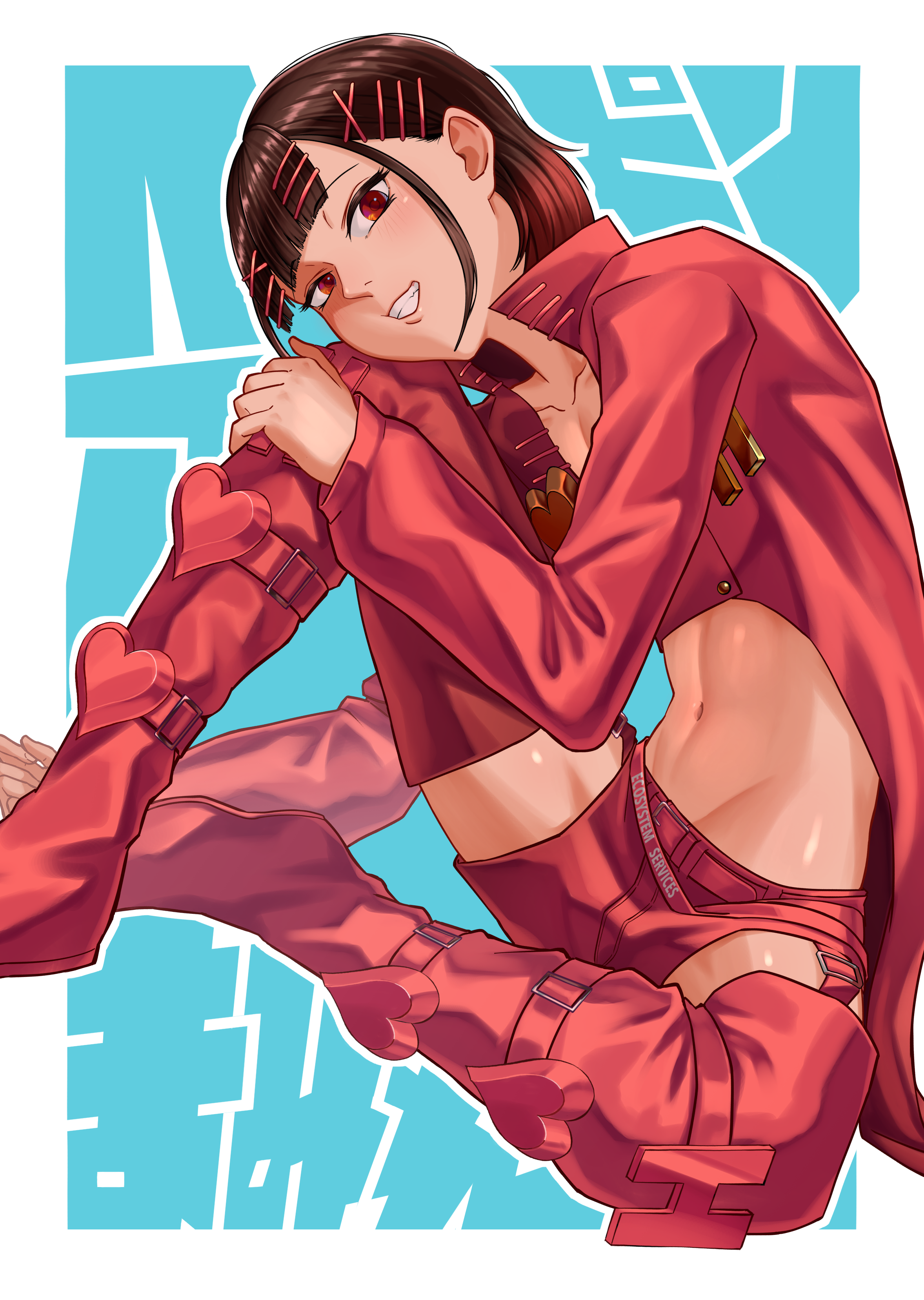 hairpin mamire, indie virtual youtuber, absurdres, commentary, highres, 1boy, androgynous, belt, blunt bangs, boots, brown eyes, brown hair, collarbone, cropped jacket, crossdressing, crossdressing (mtf), groin, hair ornament, hairclip, head on knee, heart, idohe (lovepotion 0821), jacket, knee up, long sleeves, looking at viewer, male focus, midriff, navel, red belt, red boots, red jacket, red shorts, short hair, short shorts, shorts, sidelocks, sitting, solo, teeth, thigh boots, thighhighs, too many hair ornaments, trap, virtual youtuber, zettai ryouiki