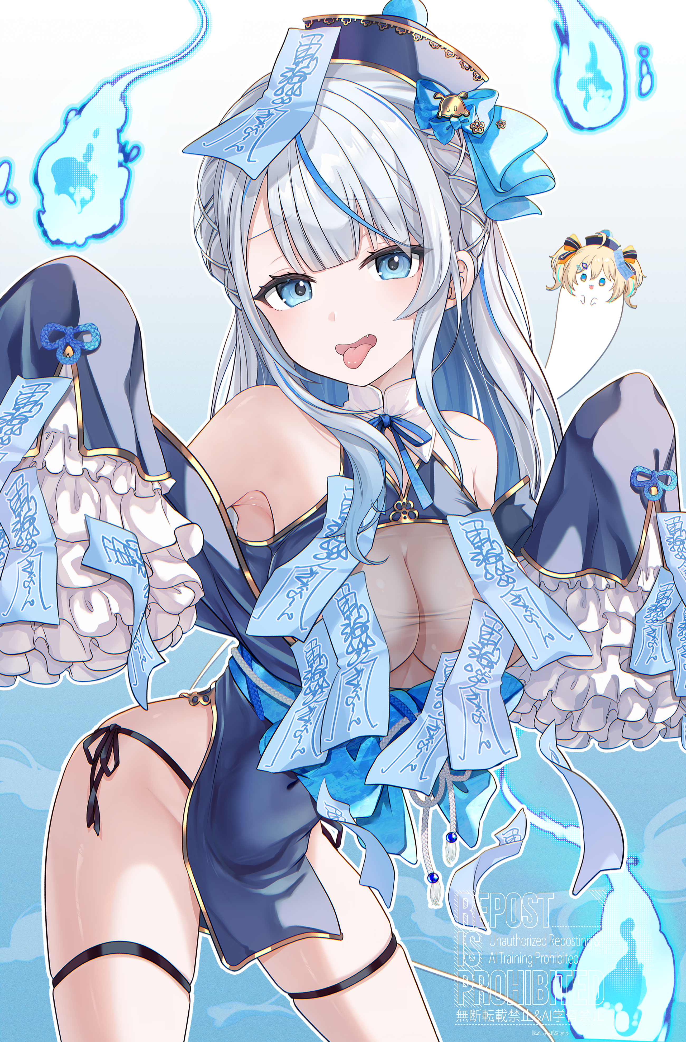 kudoukudokudo, amagai ruka, appare hinata, weather planet, absurdres, highres, :p, armpits, bare shoulders, blue dress, blue eyes, blue hair, blue hat, blue ribbon, bow, braid, breasts, chinese clothes, cleavage, cleavage cutout, clothing cutout, dress, grey hair, halloween, halloween costume, hat, hitodama, jiangshi, jiangshi costume, large breasts, long hair, looking at viewer, multicolored hair, obi, ofuda, ofuda on clothes, open mouth, outstretched arms, pelvic curtain, ribbon, sash, simple background, spirit, strap, thighs, tongue, tongue out, virtual youtuber, wide hips, zombie pose