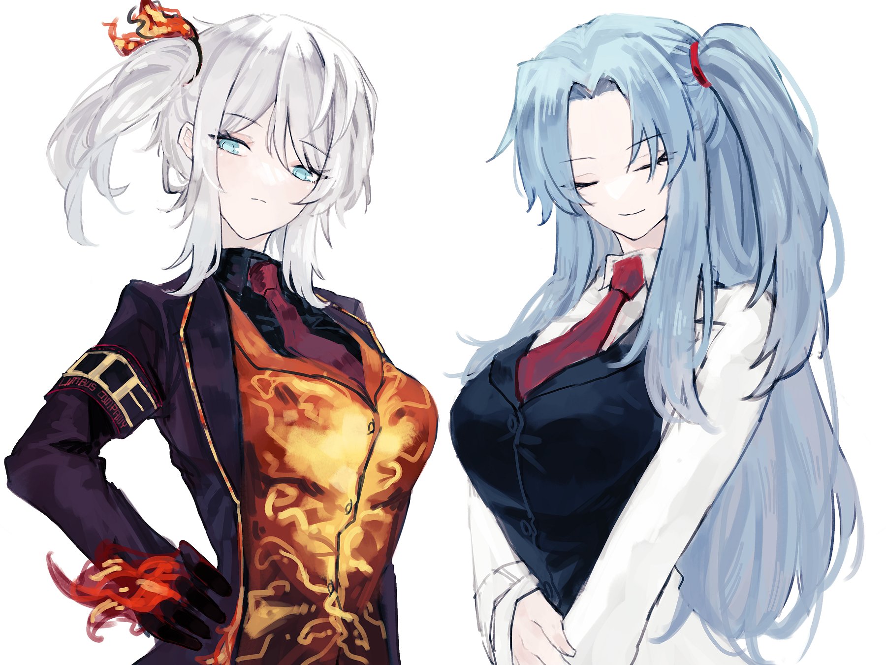 cyan, starhoshi, angela (project moon), faust (project moon), limbus company, lobotomy corporation, project moon, highres, 2girls, animal print, ardor blossom star (e.g.o), armband, black gloves, black shirt, black vest, blue eyes, blue hair, breasts, brown coat, butterfly print, closed eyes, closed mouth, coat, collared shirt, company name, e.g.o (project moon), fire, gloves, glowing clothes, hairband, holding, lab coat, lce (identity) (project moon), long hair, long sleeves, looking at viewer, medium breasts, multiple girls, necktie, orange vest, parted bangs, pen, red necktie, shirt, short hair, side ponytail, simple background, sleeves past wrists, solo focus, standing, upper body, vest, white coat, white hair, white shirt