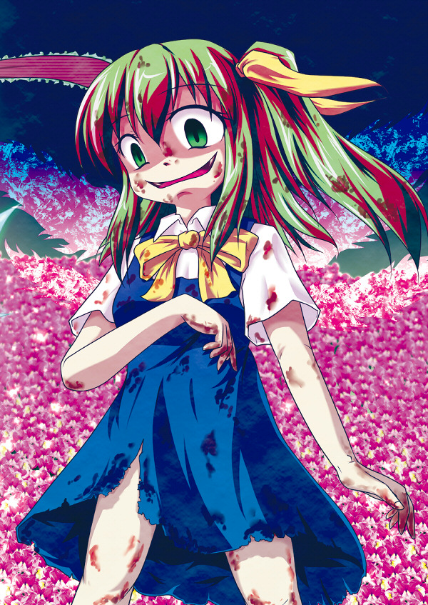 merri, daiyousei, embodiment of scarlet devil, touhou, 1girl, blood, crazy smile, dress, female focus, green eyes, green hair, matching hair/eyes, multicolored hair, shaded face, smile, solo, yandere