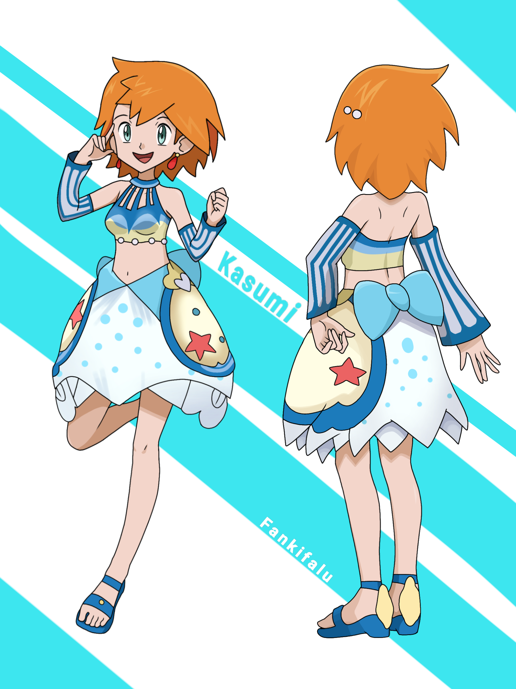 fankifalu, misty (pokemon), misty (sygna suit) (pokemon), nintendo, pokemon, pokemon hgss, highres, 1girl, ahoge, aqua eyes, armpit crease, back, bare shoulders, blue sandals, bow, bow skirt, breasts, character name, clenched hand, collarbone, crop top, detached sleeves, earrings, feet, feet up, female focus, from behind, full body, gym leader, hair bobbles, hair down, hair ornament, hand on own hip, hands up, happy, index finger raised, jewelry, knees, legs, looking at viewer, medium hair, midriff, multiple views, navel, official alternate costume, official alternate hairstyle, open mouth, orange hair, pendant, sandals, shirt, shoulder blades, skirt, sleeveless, sleeveless shirt, small breasts, smile, standing, standing on one leg, teardrop earrings, toes, tomboy