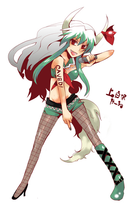 asana, ex-keine, kamishirasawa keine, touhou, bad id, bad pixiv id, 1girl, asymmetrical clothes, asymmetrical footwear, boots, caved (touhou), female focus, fishnet pantyhose, fishnets, green hair, high heels, horn ornament, horn ribbon, horns, idol, long hair, markings, microphone, middle finger, midriff, mismatched footwear, pantyhose, red eyes, ribbon, shoes, solo, tail, white hair