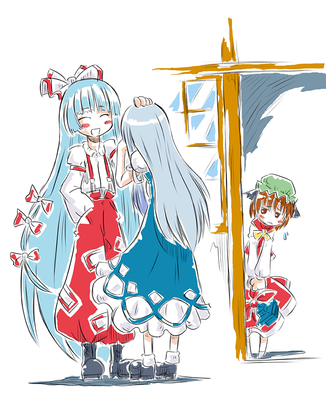 sonson (eleven), chen, fujiwara no mokou, kamishirasawa keine, touhou, 3girls, animal ears, blue hair, brown hair, cat ears, cat girl, dress, female focus, frills, hat, long hair, multiple girls, ribbon, suspenders