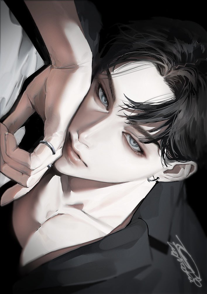 wadani hitonori, original, 1boy, aegyo sal, black hair, black shirt, closed mouth, collarbone, collared shirt, earrings, grey eyes, hand on own face, hoop earrings, jewelry, lips, looking at viewer, male focus, on pillow, parted bangs, pectorals, portrait, ring, shirt, short hair, sideways, solo, toned, toned male
