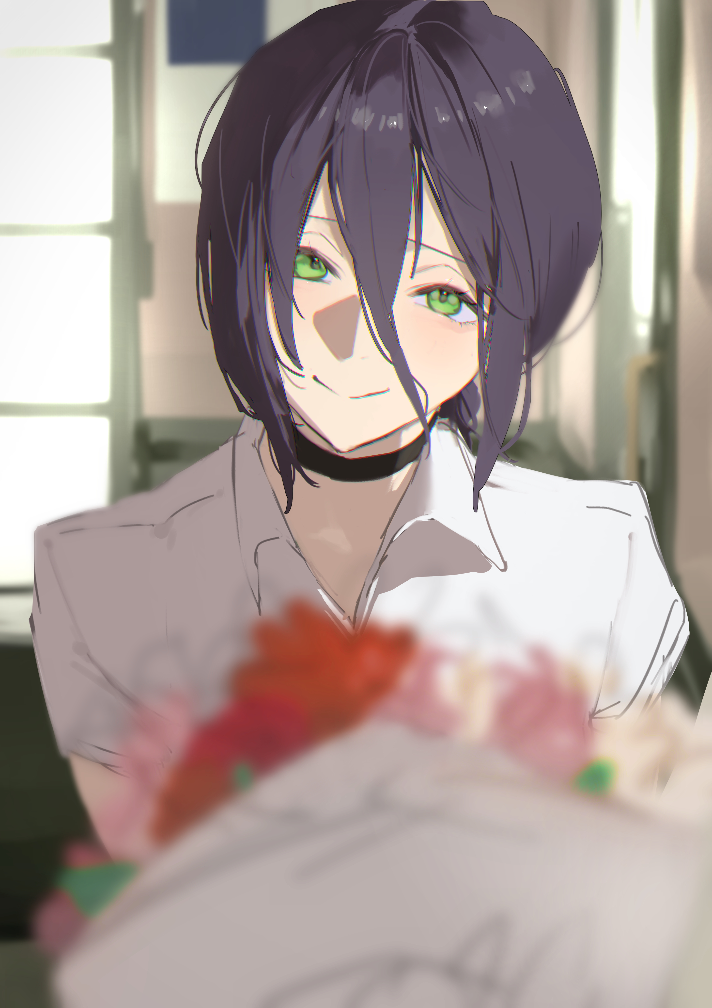 uchuneko m, reze (chainsaw man), chainsaw man, absurdres, highres, 1girl, black choker, choker, flower, green eyes, hair between eyes, pov, shirt, shirt tucked in, sleeveless, sleeveless shirt