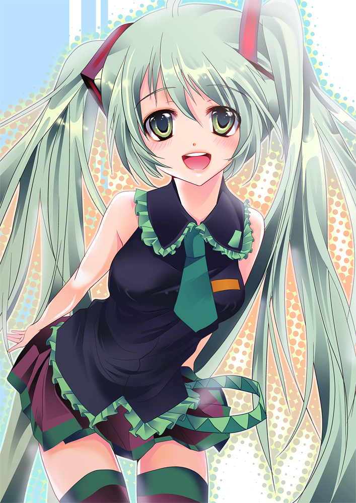yu (bkks), hatsune miku, vocaloid, bad id, bad pixiv id, cowboy shot, green eyes, green hair, long hair, necktie, solo, thighhighs, twintails, zettai ryouiki