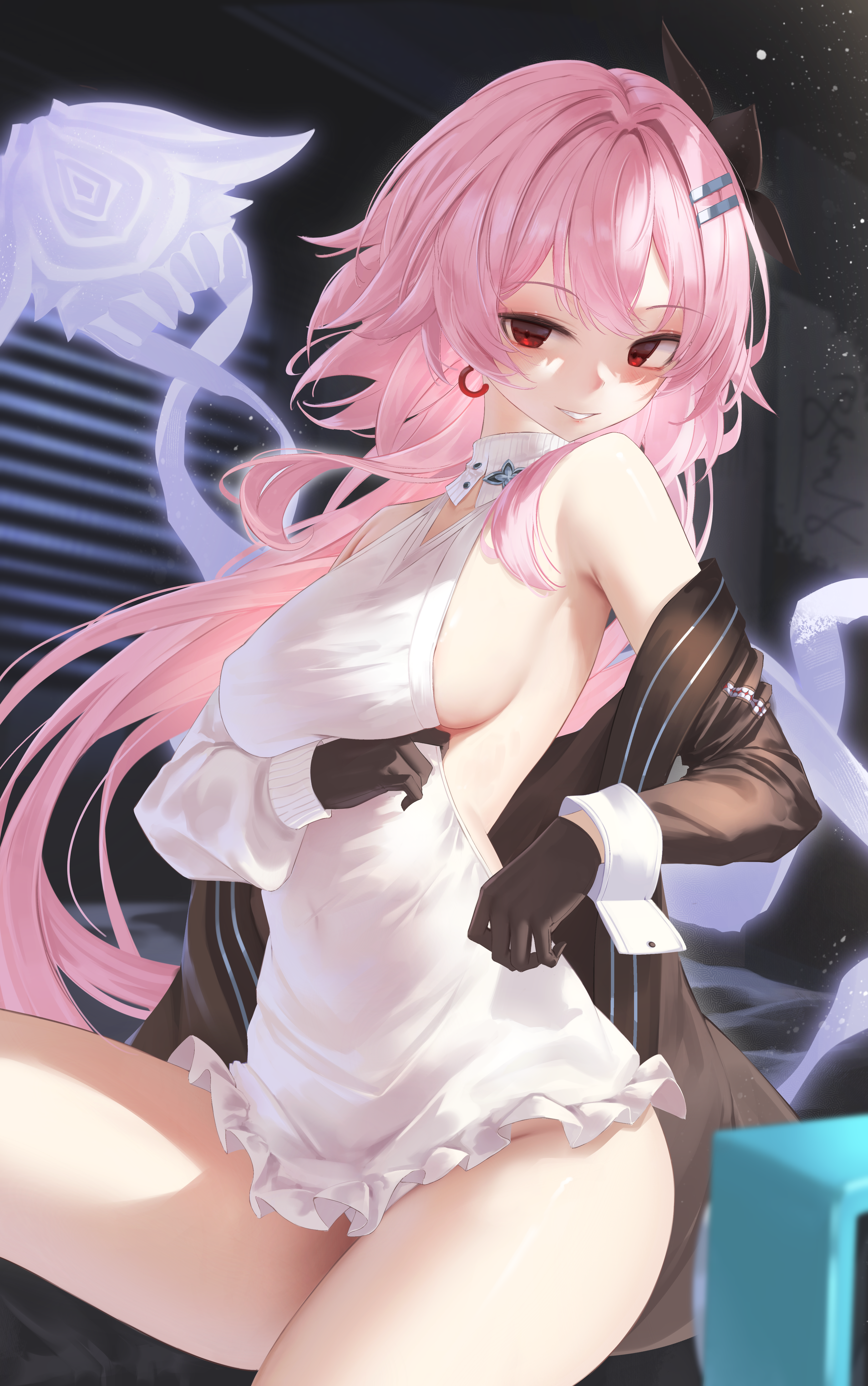 hong (vsak3373), evernight (honkai: star rail), march 7th (honkai: star rail), honkai: star rail, honkai (series), absurdres, commentary request, highres, 1girl, arm under breasts, bare shoulders, black gloves, black jacket, blush, breasts, covered navel, dress, gloves, hair between eyes, hair ornament, jacket, long hair, looking at viewer, medium breasts, off shoulder, parted lips, pink hair, red eyes, sideboob, sleeveless, sleeveless dress, smile, solo, thighs, very long hair, white dress