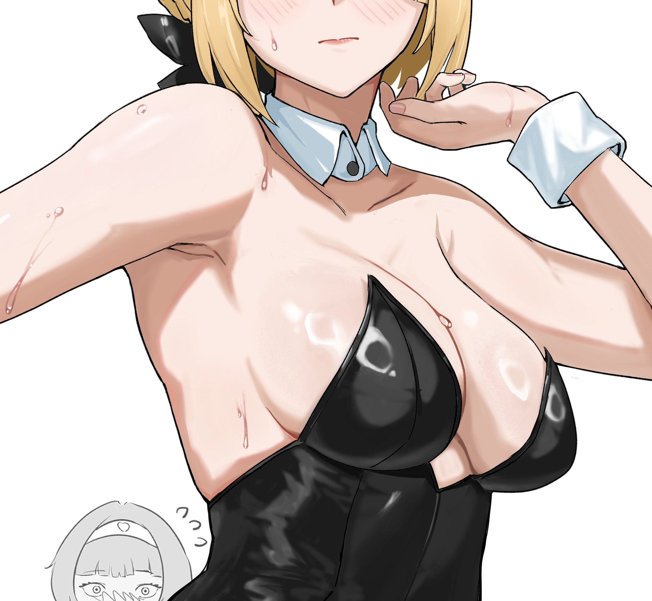 astra yao, evelyn chevalier, zenless zone zero, highres, 2girls, armpits, black leotard, blush, breasts, closed mouth, collarbone, detached collar, head out of frame, kurokoi art, leotard, medium breasts, multiple girls, simple background, solo focus, strapless, strapless leotard, sweat, upper body, white background, wrist cuffs