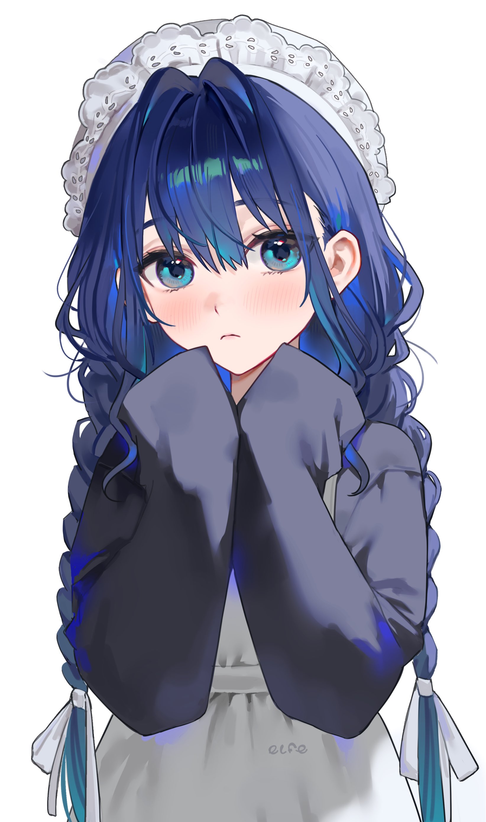 elfe art, ouro kronii, ouro kronii (maid), hololive, hololive english, absurdres, commentary, english commentary, highres, 1girl, apron, blue eyes, blue hair, blush, braid, frown, hair between eyes, hair ribbon, hat, long hair, long sleeves, looking at viewer, mob cap, official alternate costume, ribbon, simple background, sleeves past fingers, sleeves past wrists, solo, twin braids, virtual youtuber, white apron, white background, white ribbon