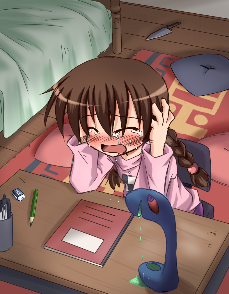 kokutou nikke, kasei-san, madotsuki, yume nikki, bad id, bad pixiv id, 1girl, bed, blouse, braid, desk, diary, dripping, eraser, female focus, indoors, kitchen knife, knife, pen, pencil, pillow, pink shirt, raised eyebrows, rug, shirt, solo, tears, twin braids
