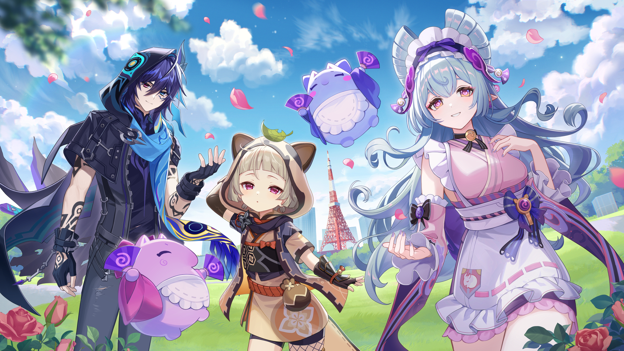 oli o o, ororon (genshin impact), sayu (genshin impact), yumemizuki mizuki, genshin impact, commentary request, highres, promotional art, 1boy, 2girls, animal hood, apron, arm behind head, black gloves, blue hair, blue sky, cloud, cloudy sky, detached sleeves, fingerless gloves, frilled hairband, frills, gloves, grey hair, hairband, hood, japanese clothes, kimono, long hair, long sleeves, looking at viewer, multiple girls, outdoors, parted lips, pink kimono, pointy ears, purple eyes, sky, smile, standing, white apron, yumekui-baku (genshin impact)