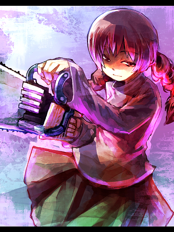ukyo rst, madotsuki, yume nikki, 1girl, braid, chainsaw, clothes lift, female focus, head tilt, letterboxed, pink shirt, raised eyebrows, shirt, skirt, skirt lift, solo, twin braids