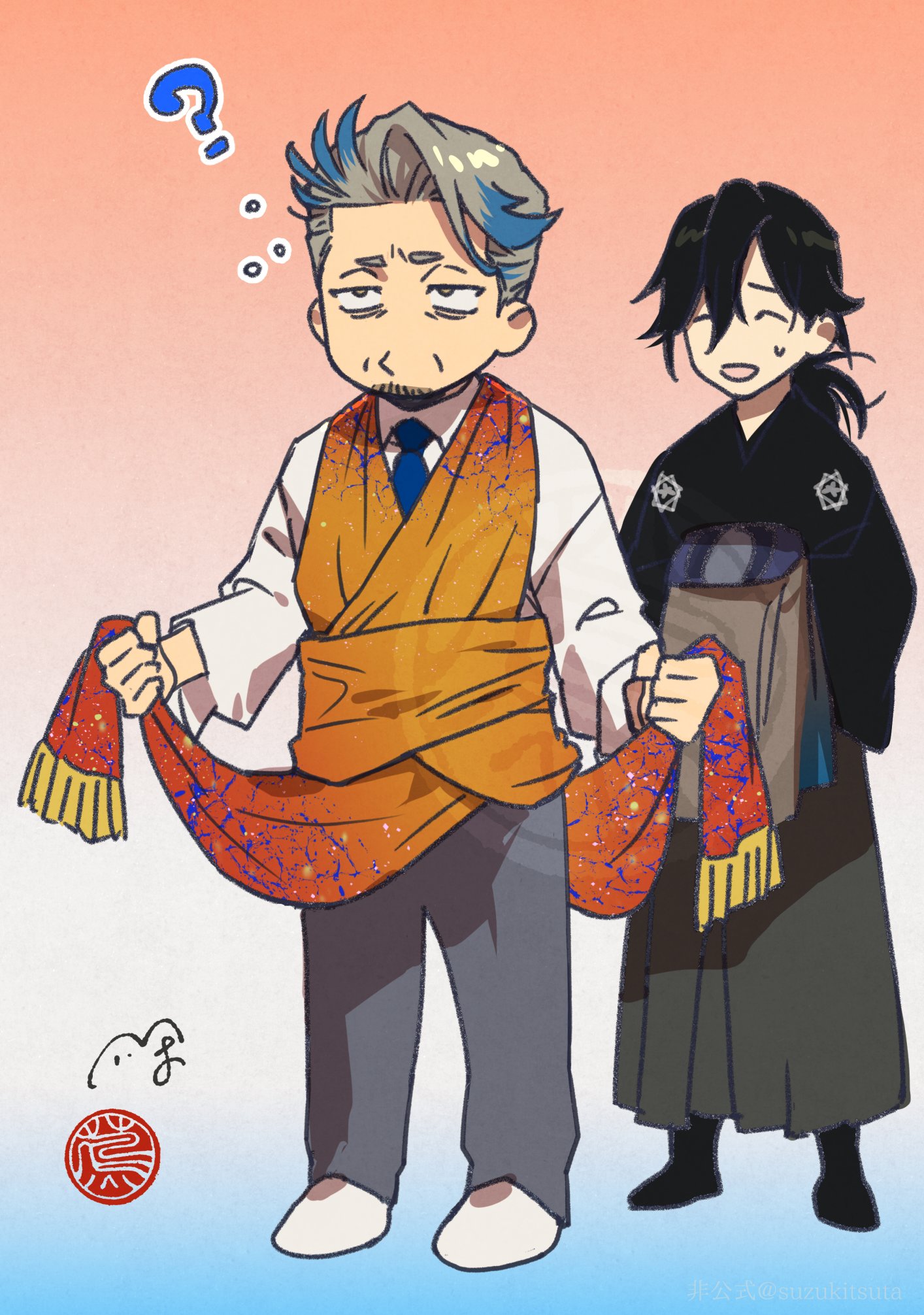suzuki tsuta, fate/grand order, fate (series), character request, highres, 2boys, ?, black hair, black kimono, blue necktie, blue streaks, brown eyes, closed eyes, dressing, facial hair, goatee, gradient background, grey pants, japanese clothes, katsu kaishu (fate), kimono, multiple boys, necktie, open mouth, orange robe, pants, robe, shirt, white hair, white shirt