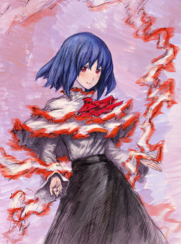 binayu, nagae iku, touhou, 1girl, ascot, black skirt, blue hair, blush, closed mouth, cowboy shot, female focus, long sleeves, looking at viewer, pink background, red eyes, short hair, simple background, skirt, smile, solo, standing
