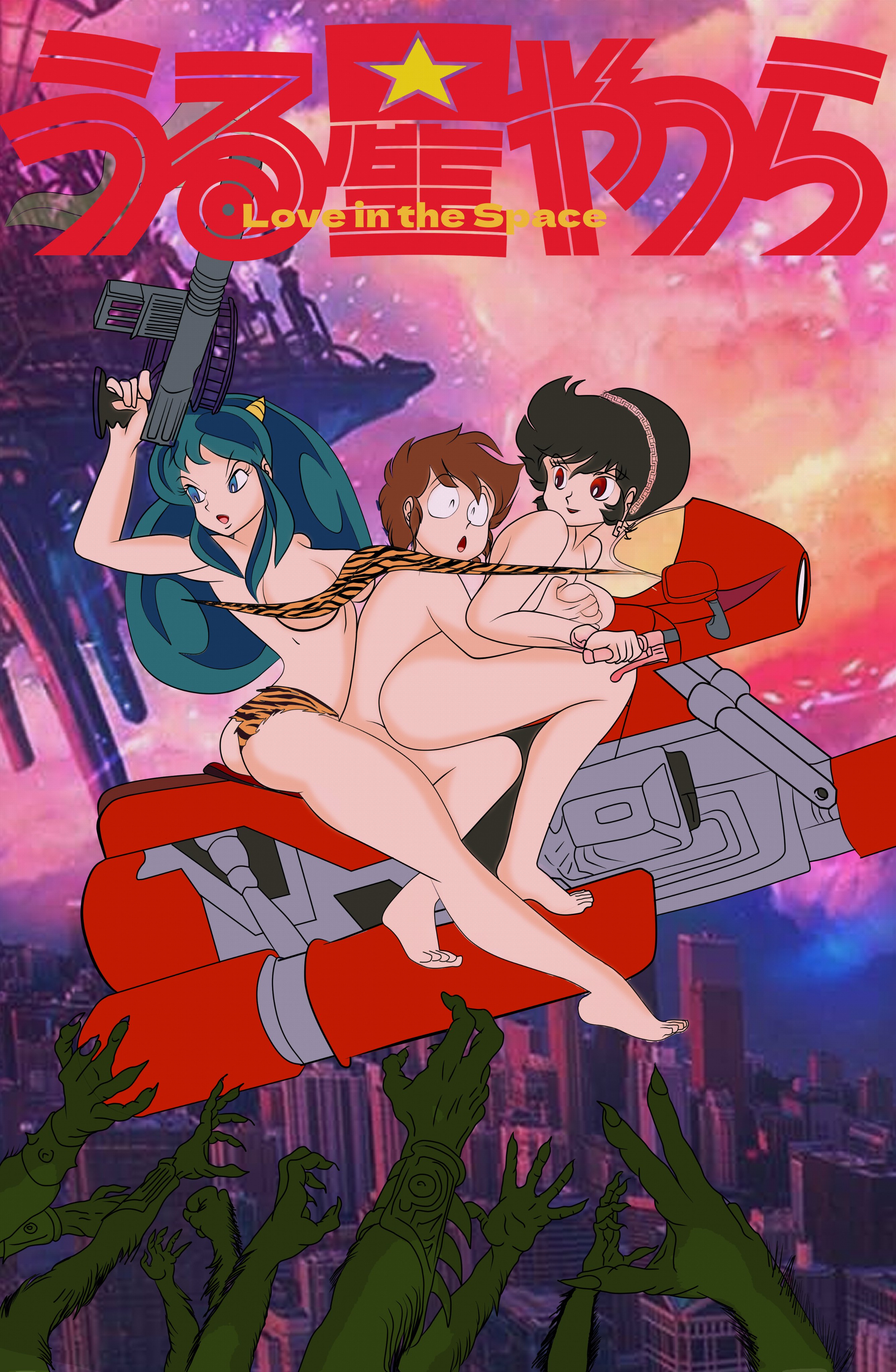 benten (urusei yatsura), lum, moroboshi ataru, urusei yatsura, absurdres, artist request, highres, 1boy, 2girls, black hair, blue eyes, brown hair, censored, completely nude, grabbing another's breast, green hair, groping, long hair, motor vehicle, multiple girls, nude, red eyes, short hair, stealth sex