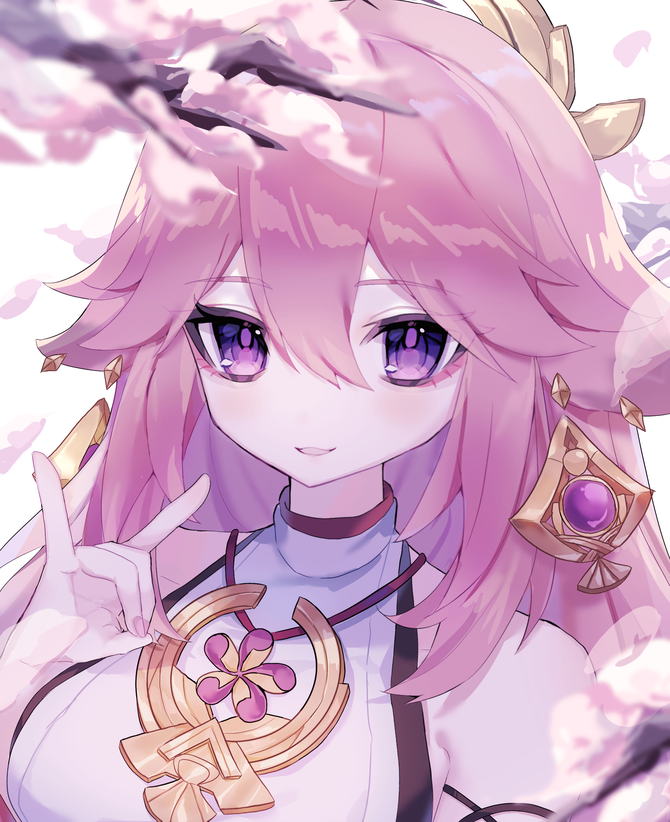 ensn 0 0b, yae miko, genshin impact, absurdres, commentary request, highres, 1girl, animal ears, blurry, blurry foreground, cherry blossoms, earrings, flower, fox ears, fox shadow puppet, jewelry, looking at viewer, open mouth, pink hair, portrait, purple eyes, sleeveless, smile, solo