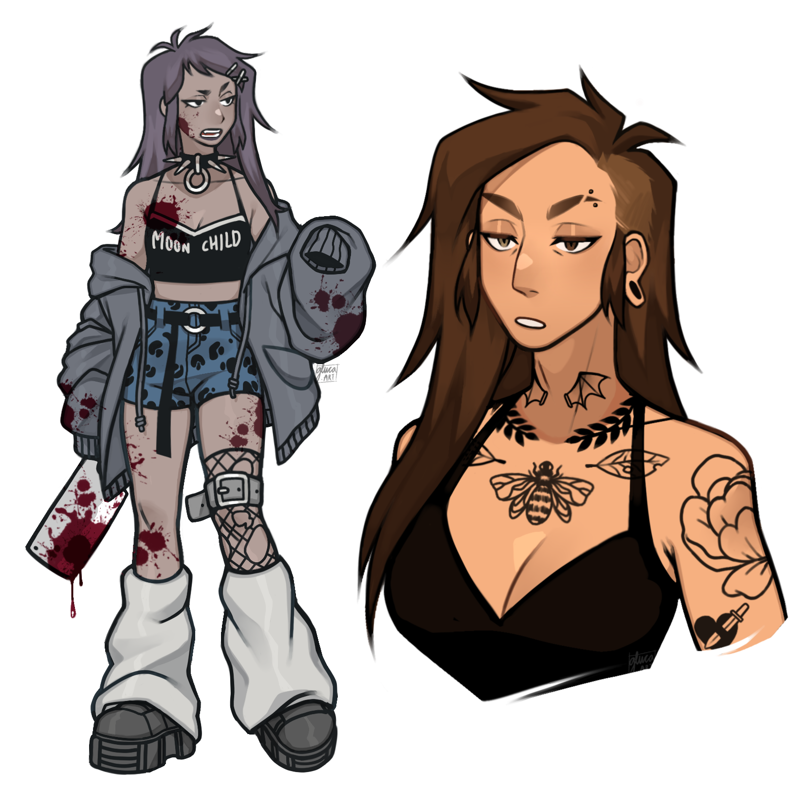 original, commentary, english commentary, highres, 2girls, asymmetrical hair, belt, black boots, black camisole, black hair, blood, blood on clothes, blood on face, blue shorts, boots, borrowed character, breasts, camisole, chest tattoo, cleavage, cleaver, collar, dark-skinned female, dark skin, eyebrow cut, eyebrow piercing, face piercing, fishnet thighhighs, fishnets, gluca, grey hoodie, high-waist shorts, holding, holding cleaver, hood, hoodie, loose socks, medium breasts, midriff, multiple girls, neck tattoo, o-ring, o-ring belt, off shoulder, piercing, plug (piercing), short shorts, shorts, shoulder tattoo, sidecut, single thighhigh, sleeves past fingers, sleeves past wrists, socks, spiked collar, spikes, tattoo, thigh strap, thighhighs, torn clothes, torn thighhighs, undercut