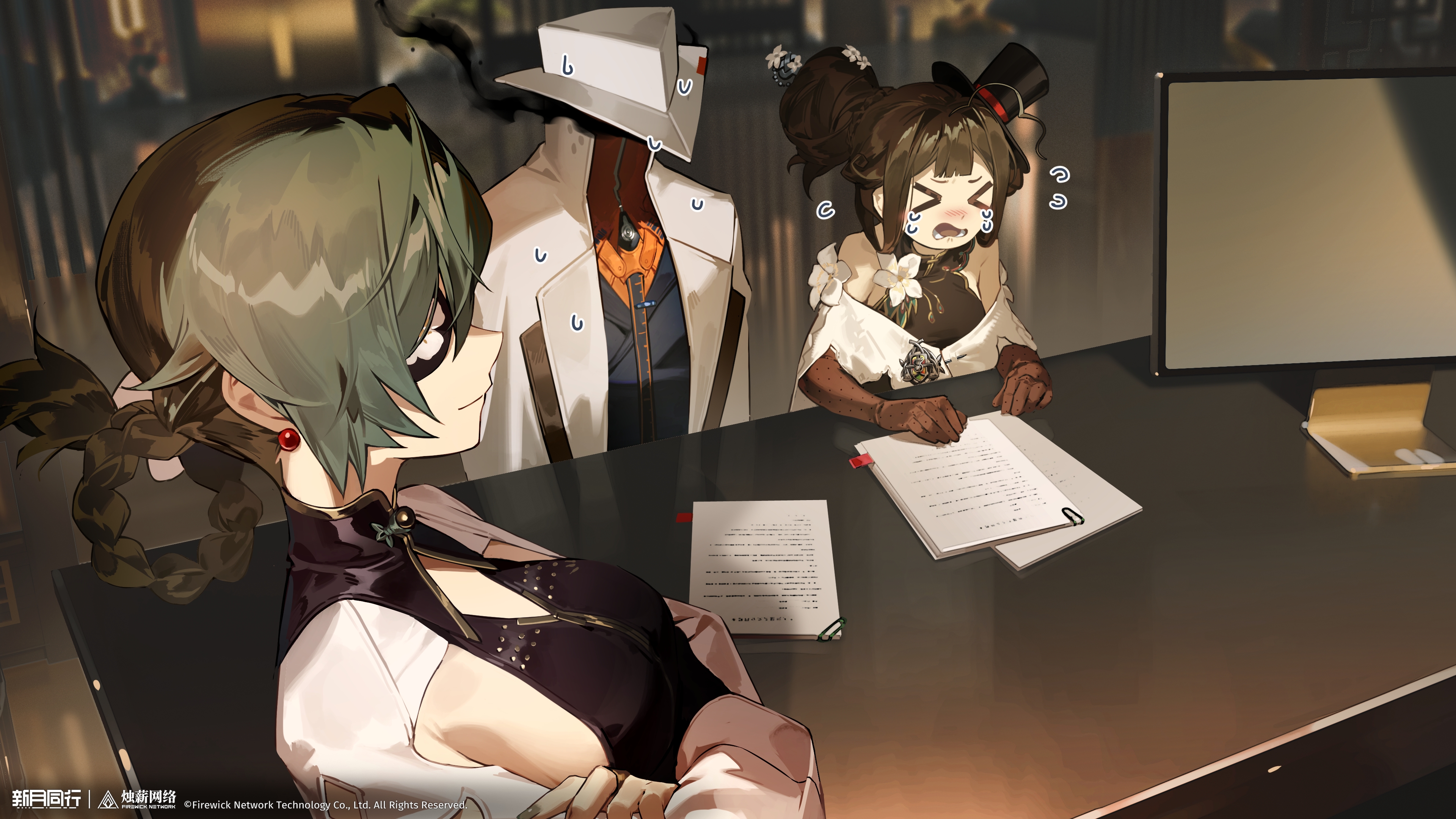 group leader (xinyue tongxing), xinyue tongxing, absurdres, highres, official art, official wallpaper, > <, 1other, 2girls, bare shoulders, black dress, black gloves, black hat, black shirt, braid, braided hair rings, brown hair, coat, copyright name, copyright notice, crossed arms, desk, drawn tears, dress, elbow gloves, eyepatch, flying sweatdrops, gloves, green hair, hair bun, hair rings, hat, huge hair bun, indoors, liqing (xinyue tongxing), logo, mini hat, mini top hat, monitor, multiple girls, open mouth, paper, shirt, single side bun, smile, smoke, tilted headwear, top hat, white coat, white hat, yulu (xinyue tongxing)