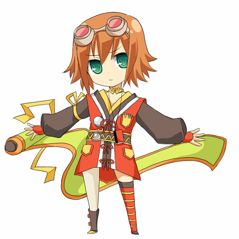 rita mordio, tales of (series), tales of vesperia, lowres, 00s, 1girl, asymmetrical legwear, brown hair, choker, female focus, fingerless gloves, full body, gloves, goggles, goggles on head, green eyes, looking at viewer, mismatched legwear, pantyhose, red gloves, ribbon, ringed eyes, scroll, short hair, simple background, single leg pantyhose, solo, standing, thighhighs, white background