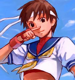 kasugano sakura, capcom, street fighter, lowres, non-web source, 1girl, blue sailor collar, brown eyes, brown hair, cloud, day, female focus, fingerless gloves, gloves, headband, midriff, sailor collar, school uniform, serafuku, short hair, sky, solo