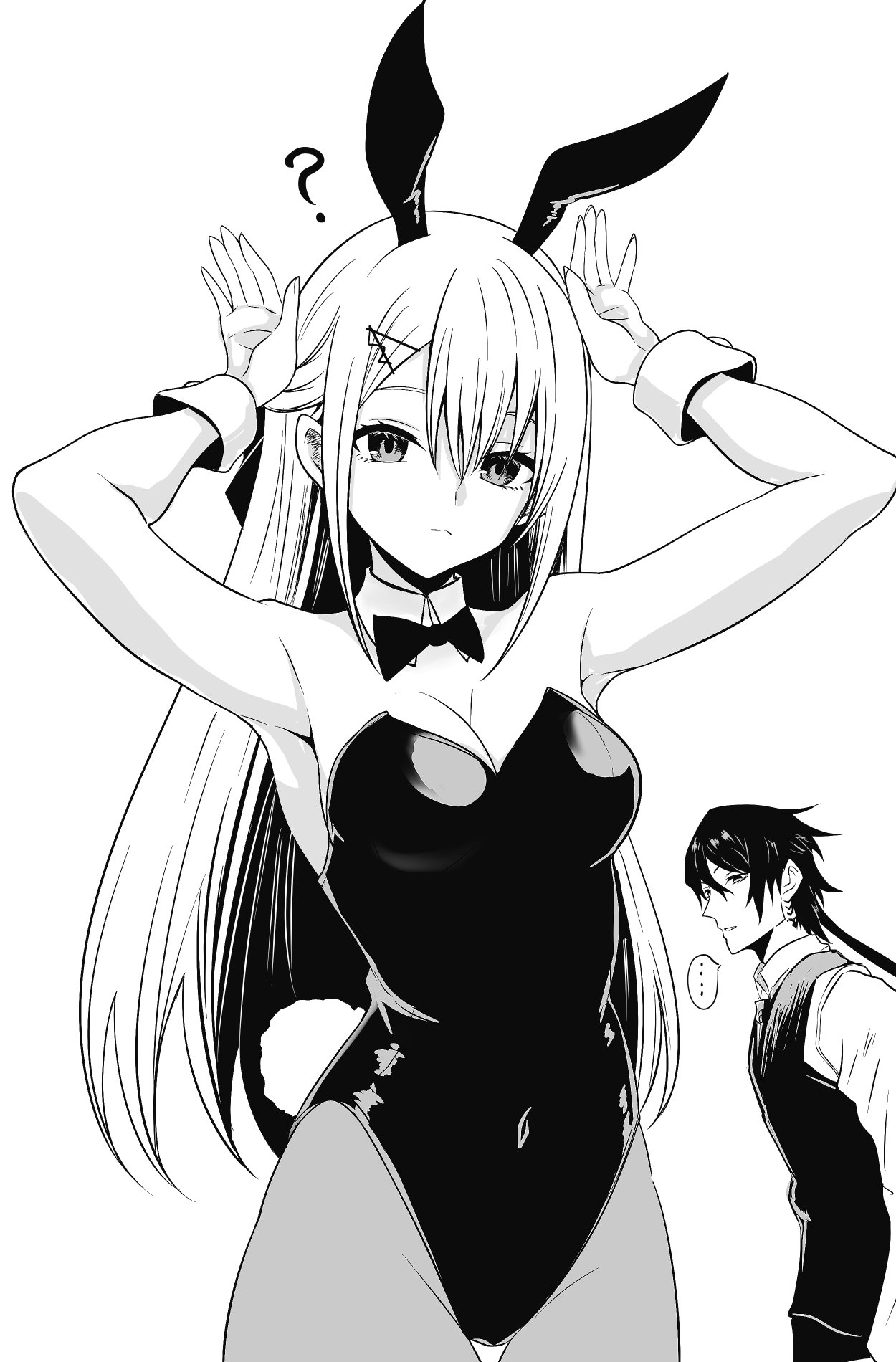 nagishy, fujino shiroha, nue no onmyouji, highres, 1boy, 1girl, ?, animal ears, bow, bowtie, detached collar, kyokotsu (nue no onmyouji), leotard, long hair, playboy bunny, rabbit ears, rabbit pose, rabbit tail, tail, wrist cuffs