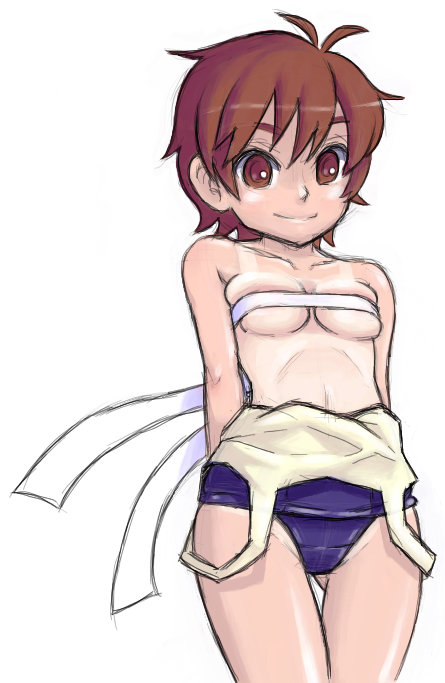 kouotsu, kasugano sakura, capcom, street fighter, bad id, bad pixiv id, 1girl, arms behind back, breasts, brown eyes, brown hair, budget sarashi, clothes pull, female focus, looking at viewer, one-piece swimsuit, one-piece swimsuit pull, one-piece tan, sarashi, school swimsuit, short hair, simple background, smile, solo, swimsuit, tan, tanline, thigh gap, undressing, white background