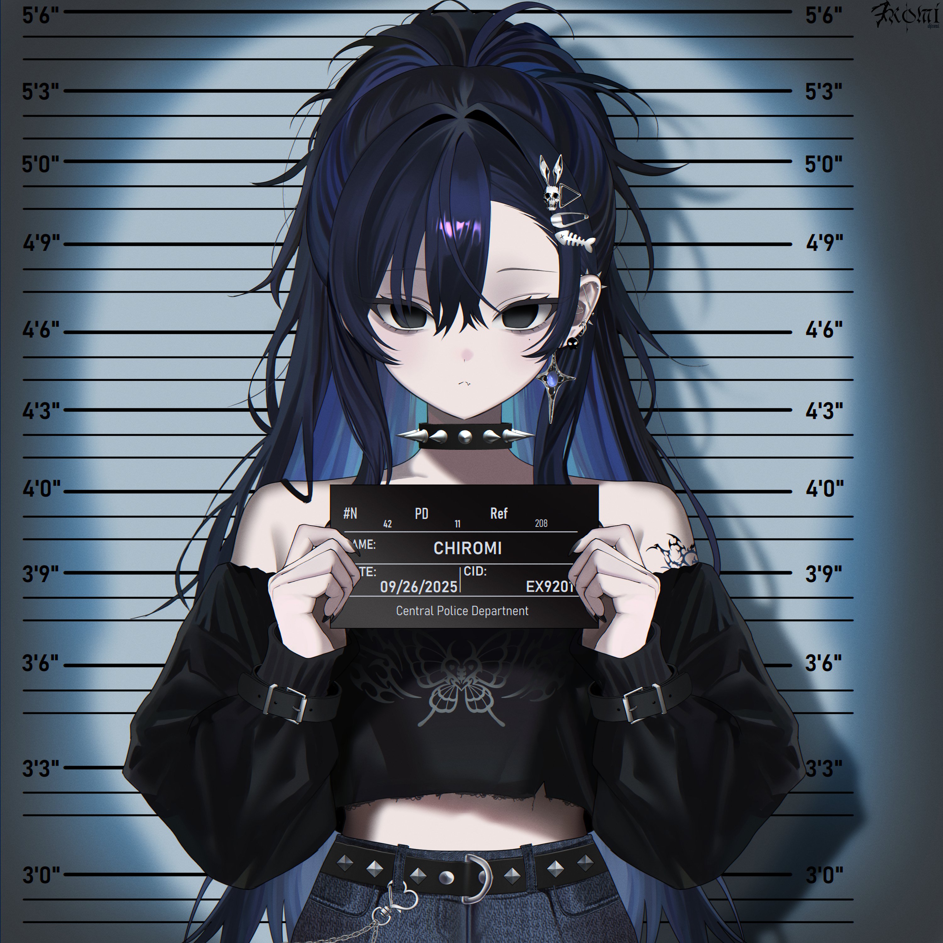 chiromi, original, absurdres, highres, 1girl, bare shoulders, belt, black choker, black eyes, black hair, black shirt, blue hair, choker, closed mouth, colored inner hair, crop top, cutoffs, denim, ear piercing, empty eyes, height chart, holding, long hair, long sleeves, looking at viewer, midriff, mole, mole under eye, mugshot, multicolored hair, navel, off-shoulder shirt, off shoulder, piercing, ponytail, shirt, solo, spiked choker, spikes, stomach, studded belt, two-tone hair, upper body, very long hair