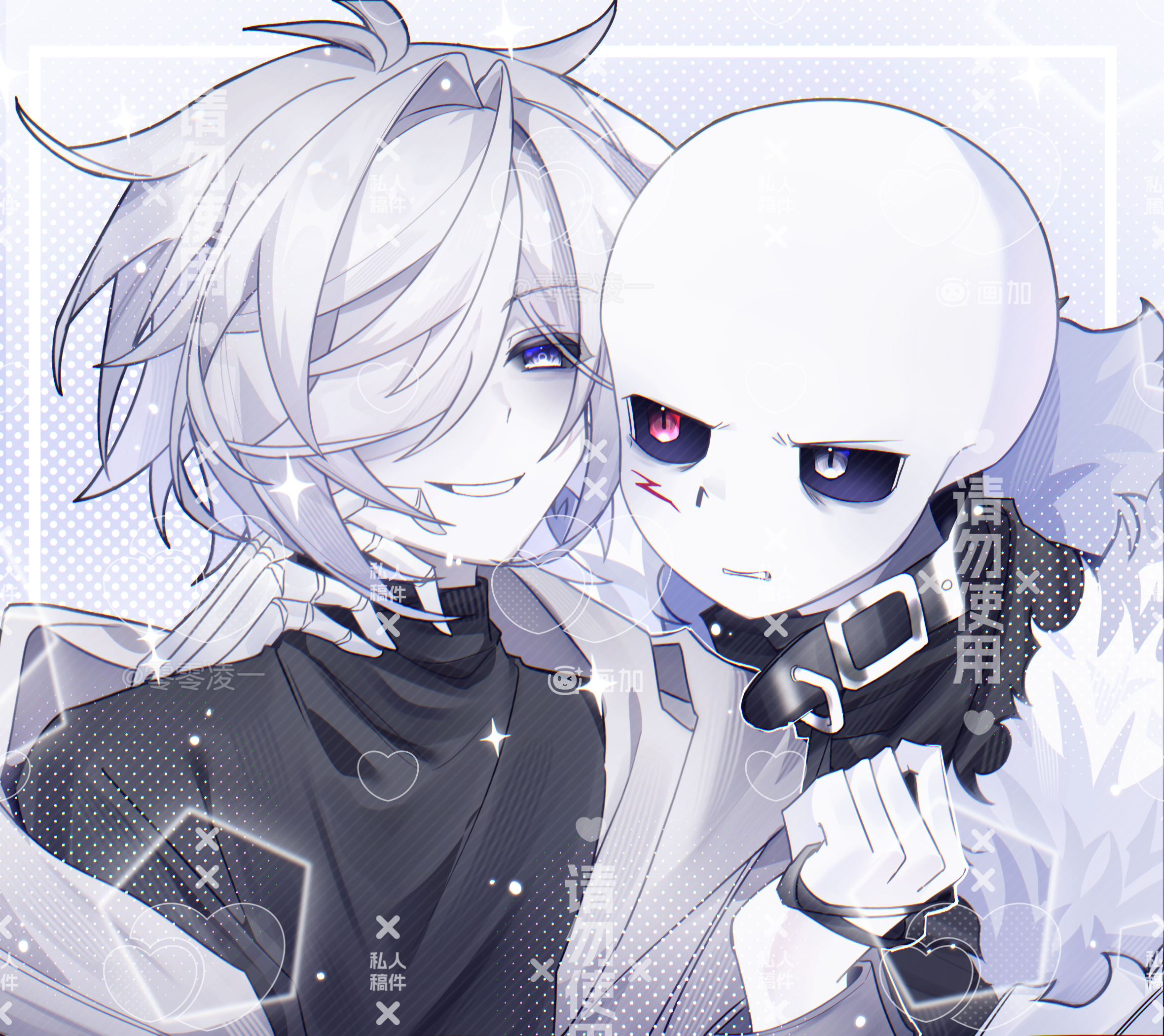 lingxiankong1, chara (undertale), sans (undertale), undertale, utdr (toby fox), xtale, chinese commentary, commentary request, highres, 2boys, :d, aegyo sal, alternate universe, antenna hair, black collar, black sclera, black sweater, blue eyes, blush, chromatic aberration, clenched teeth, collar, colored sclera, colored skin, eye contact, facial mark, fur-trimmed jacket, fur trim, grey background, grin, hair over one eye, half-closed eyes, halftone, halftone background, hand on another's neck, hand up, heart, heterochromia, holding, holding leash, hood, hood down, hooded jacket, inset border, jacket, leash, long sleeves, looking at another, male focus, multiple boys, one eye covered, open clothes, open jacket, open mouth, red eyes, short hair, simple background, skeleton, smile, sparkle, sweater, teeth, turtleneck, turtleneck sweater, upper body, white eyes, white hair, white jacket, white skin
