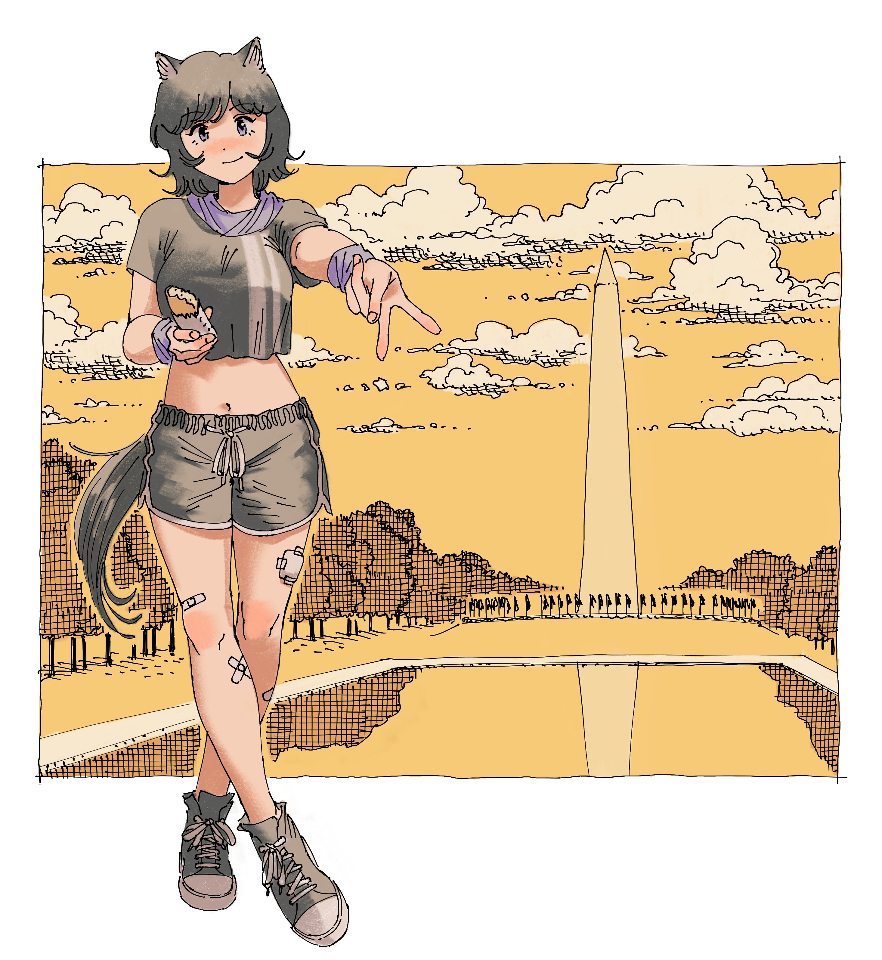 heidi (heytherenrds), original, absurdres, commentary, highres, symbol-only commentary, 1girl, animal ears, bandaid, bandaid on leg, black hair, cat ears, cat girl, cat tail, crop top, crossed legs, dolphin shorts, food, full body, grey eyes, gyaru v, holding, holding food, looking at viewer, midriff, navel, scarf, shirt, shoes, short hair, short shorts, short sleeves, shorts, smile, sneakers, solo, t-shirt, tail, v, washington monument, wristband