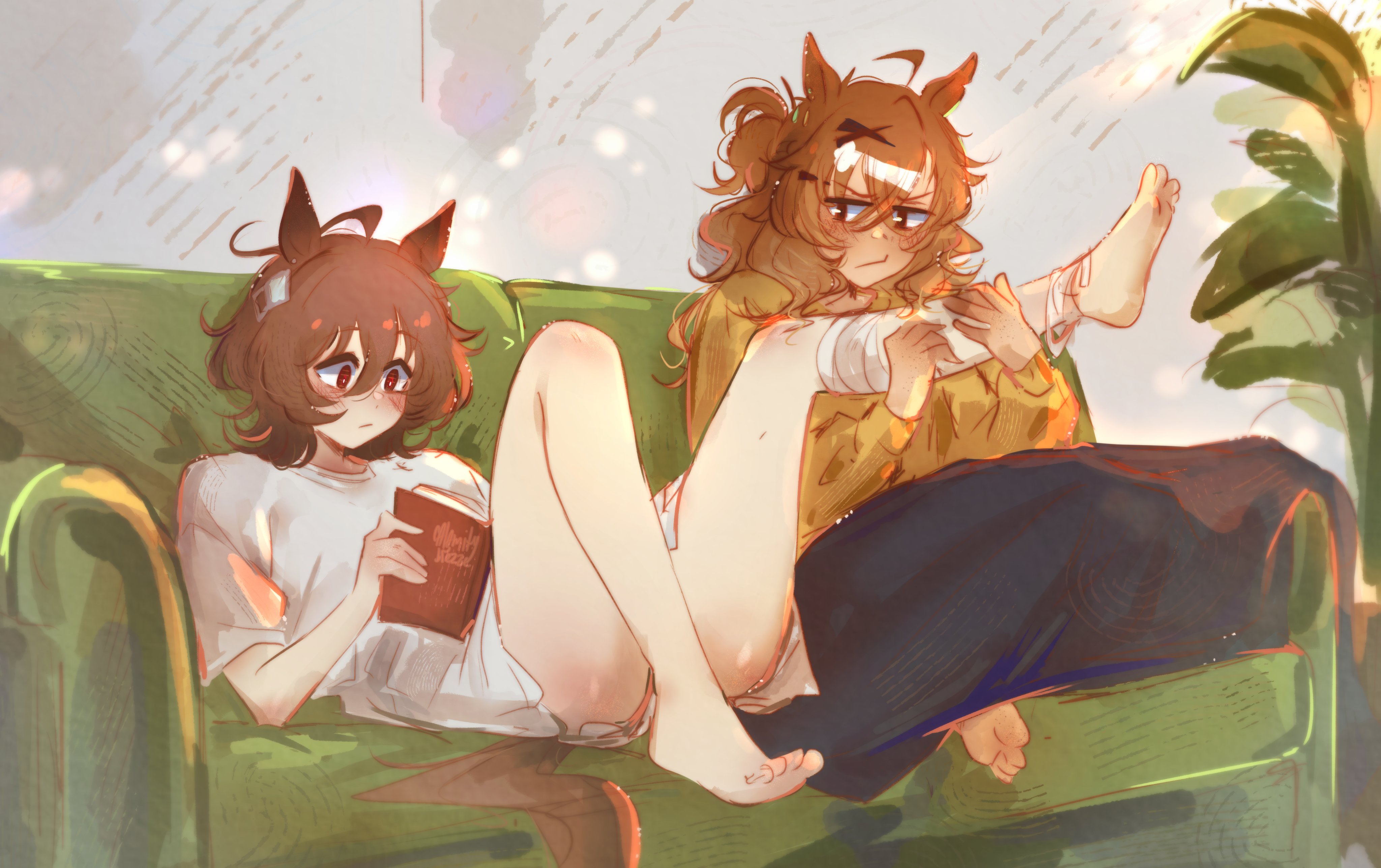 calamity brezze, umamusume, absurdres, character request, highres, ahoge, animal ears, bandaged leg, bandages, barefoot, book, brown eyes, brown hair, couch, feet, frown, hair between eyes, hair ornament, hairclip, holding, holding book, horse ears, horse girl, indoors, leg lift, long hair, medium hair, no pants, on couch, plant, potted plant, reading, reclining, red eyes, shirt, short sleeves, t-shirt, toes, white shirt, x hair ornament, yellow shirt