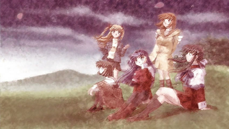 kawasumi mai, minase nayuki, misaka shiori, sawatari makoto, tsukimiya ayu, kanon, 5girls, black hair, blonde hair, blue hair, grass, happy, long hair, multiple girls, orange hair, short hair, sitting, smile, very long hair, wind, wings