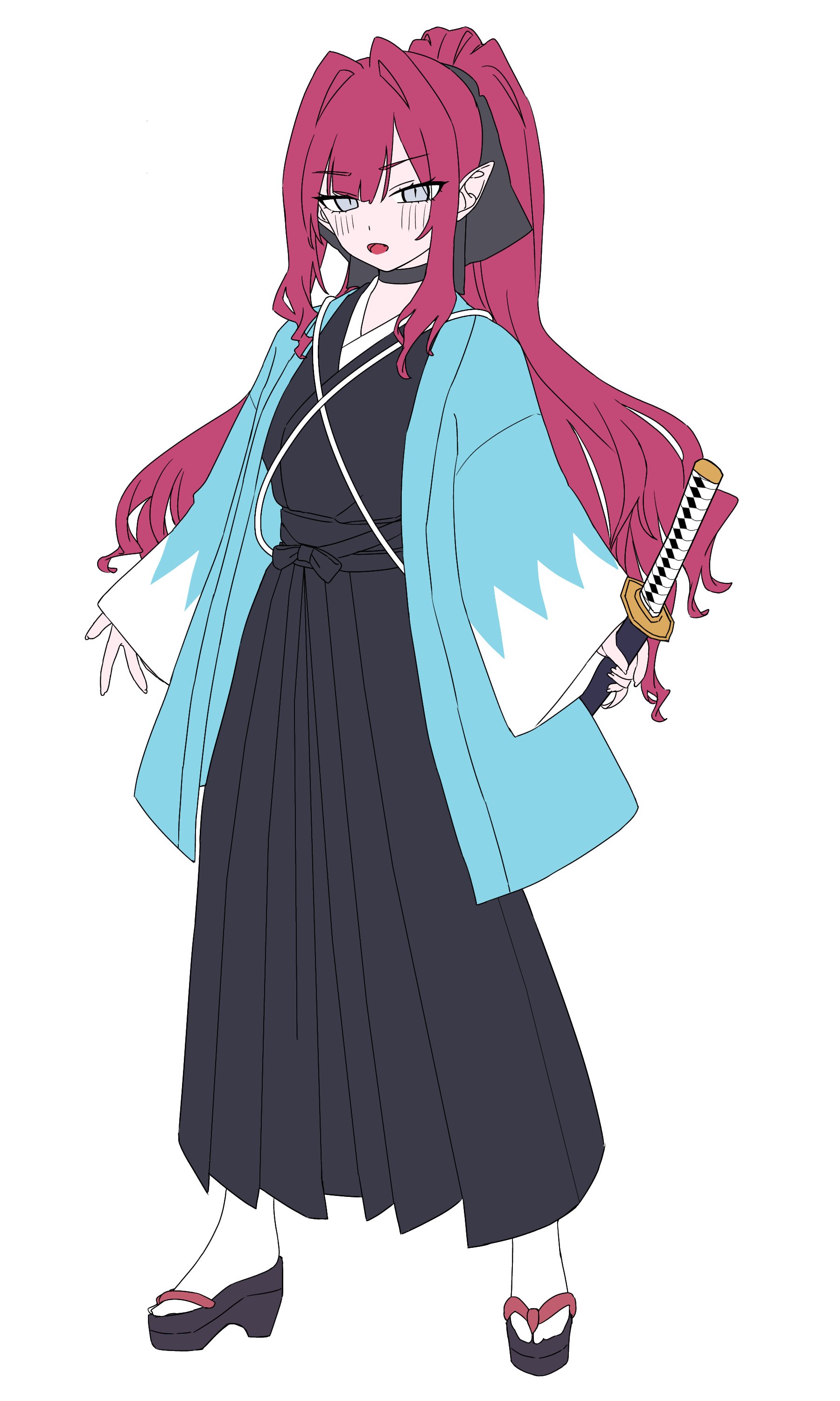 niwaikanai, baobhan sith (fate), fate/grand order, fate (series), absurdres, highres, 1girl, grey eyes, haori, holding, holding sword, holding weapon, japanese clothes, looking at viewer, open mouth, pointy ears, red hair, scabbard, sheath, shinsengumi (fate), solo, sword, weapon