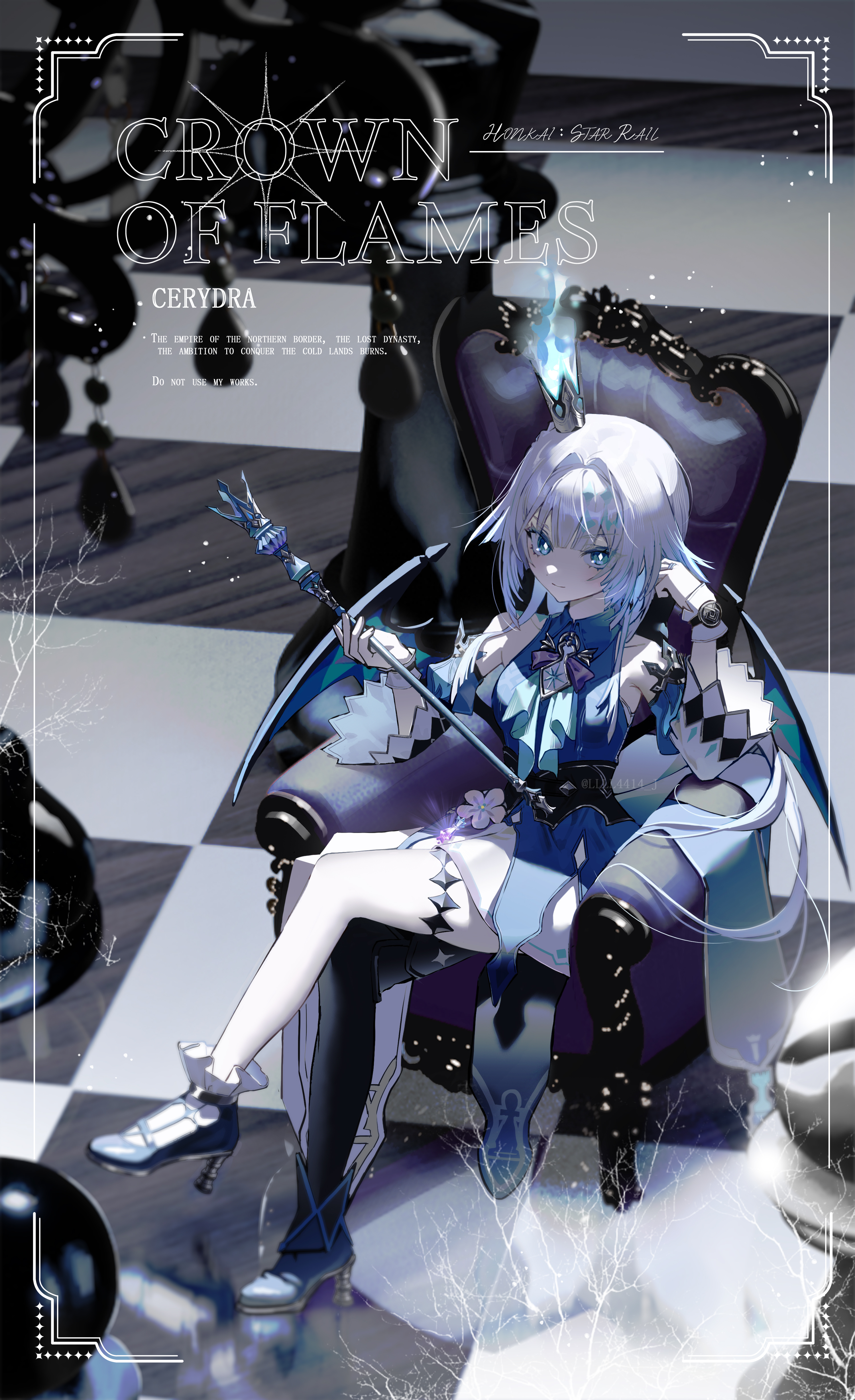 cerydra (honkai: star rail), honkai: star rail, honkai (series), absurdres, highres, 1girl, black thighhighs, blue dress, blue eyes, blue shoes, blunt bangs, character name, checkered floor, closed mouth, copyright name, crossed legs, crown, detached sleeves, diamond-shaped pupils, diamond (shape), dress, english text, full body, hair intakes, hand in own hair, hesol, high heels, holding, holding staff, jewelry, light smile, long hair, looking at viewer, mini crown, ring, shoes, single thighhigh, sitting, sleeveless, sleeveless dress, solo, staff, symbol-shaped pupils, thigh strap, thighhighs, throne, watermark, white hair, wide sleeves, wings