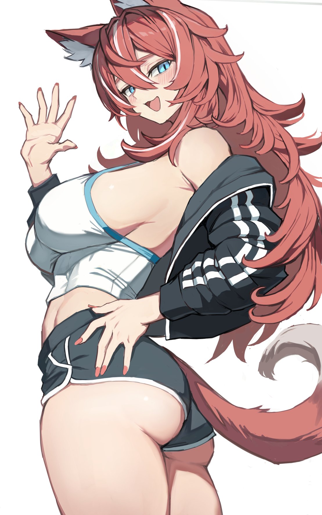 torisanff14, original, highres, 1girl, animal ear fluff, animal ears, armpit crease, ass, bare shoulders, black jacket, black shorts, blue eyes, breasts, cowboy shot, crop top, dog ears, dog girl, dog tail, dolphin shorts, from side, hand up, high-waist shorts, jacket, large breasts, long hair, long sleeves, looking at viewer, midriff, multicolored hair, off shoulder, open clothes, open jacket, open mouth, red hair, shirt, short shorts, shorts, sideboob, simple background, sleeveless, sleeveless shirt, smile, solo, strap gap, streaked hair, tail, thighs, white background, white shirt