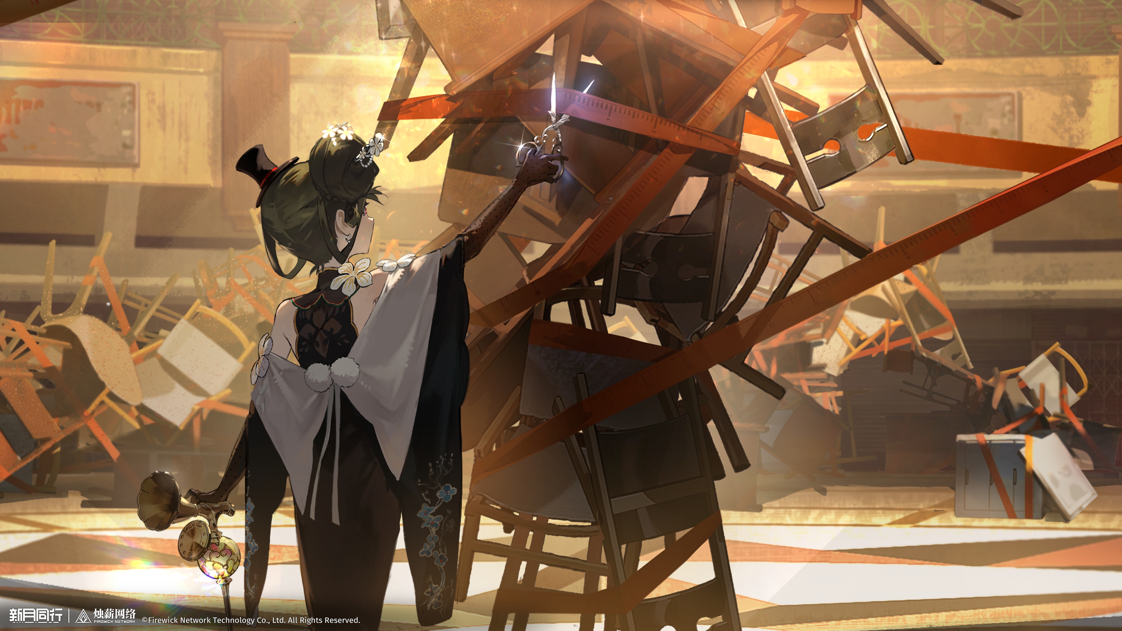 xinyue tongxing, absurdres, highres, official art, official wallpaper, 1girl, arm up, black dress, black gloves, black hat, brown hair, cane, chair, copyright name, copyright notice, cowboy shot, cutting, dress, elbow gloves, facing away, flower, from behind, gloves, hair bun, hair flower, hair ornament, hat, hobble dress, holding, holding cane, holding scissors, huge hair bun, indoors, liqing (xinyue tongxing), logo, long dress, mini hat, mini top hat, scissors, single side bun, sleeveless, sleeveless dress, solo, tape measure, tilted headwear, top hat, white flower