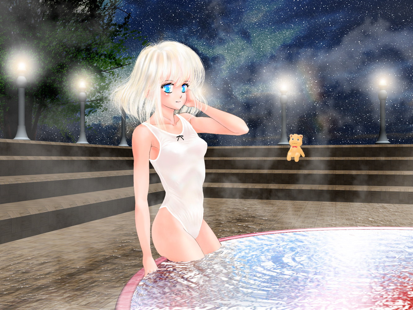 suika m, original, 1girl, blue eyes, female focus, night, one-piece swimsuit, onsen, outdoors, pool, poolside, short hair, sky, solo, star (sky), starry sky, stuffed animal, stuffed toy, swimsuit, teddy bear, white hair