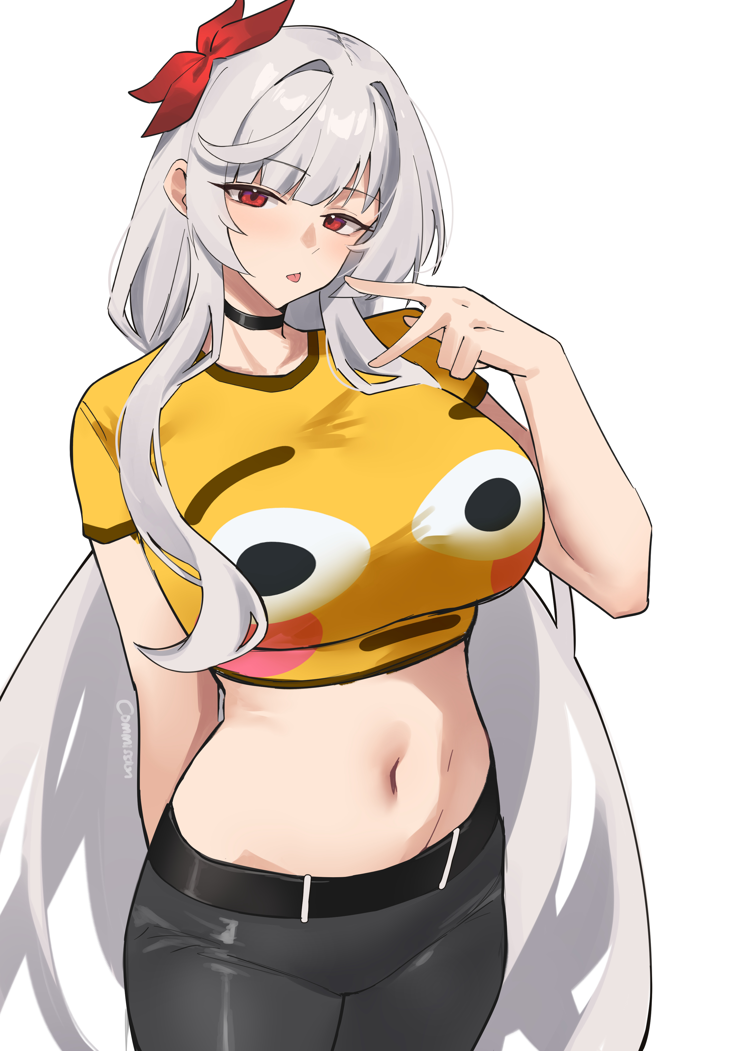 pinepin, maxine poshon, original, absurdres, character request, commission, copyright request, highres, skeb commission, 1girl, :p, black pants, breasts, flushed face emoji, flushed face emoji shirt (meme), grey hair, large breasts, long hair, looking at viewer, meme, midriff, navel, pants, red eyes, shirt, solo, tongue, tongue out, very long hair, white background, yellow shirt