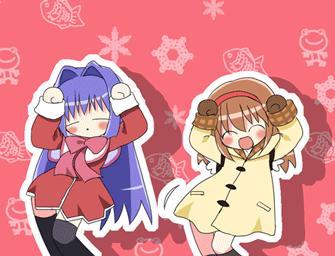 minase nayuki, tsukimiya ayu, kanon, animated, animated gif, lowres, 2girls, backpack, bag, blue hair, brown hair, caramelldansen, chibi, closed eyes, gloves, hairband, happy, long hair, mittens, multiple girls, randoseru, ribbon, school uniform, short hair, smile, thighhighs, very long hair, zettai ryouiki