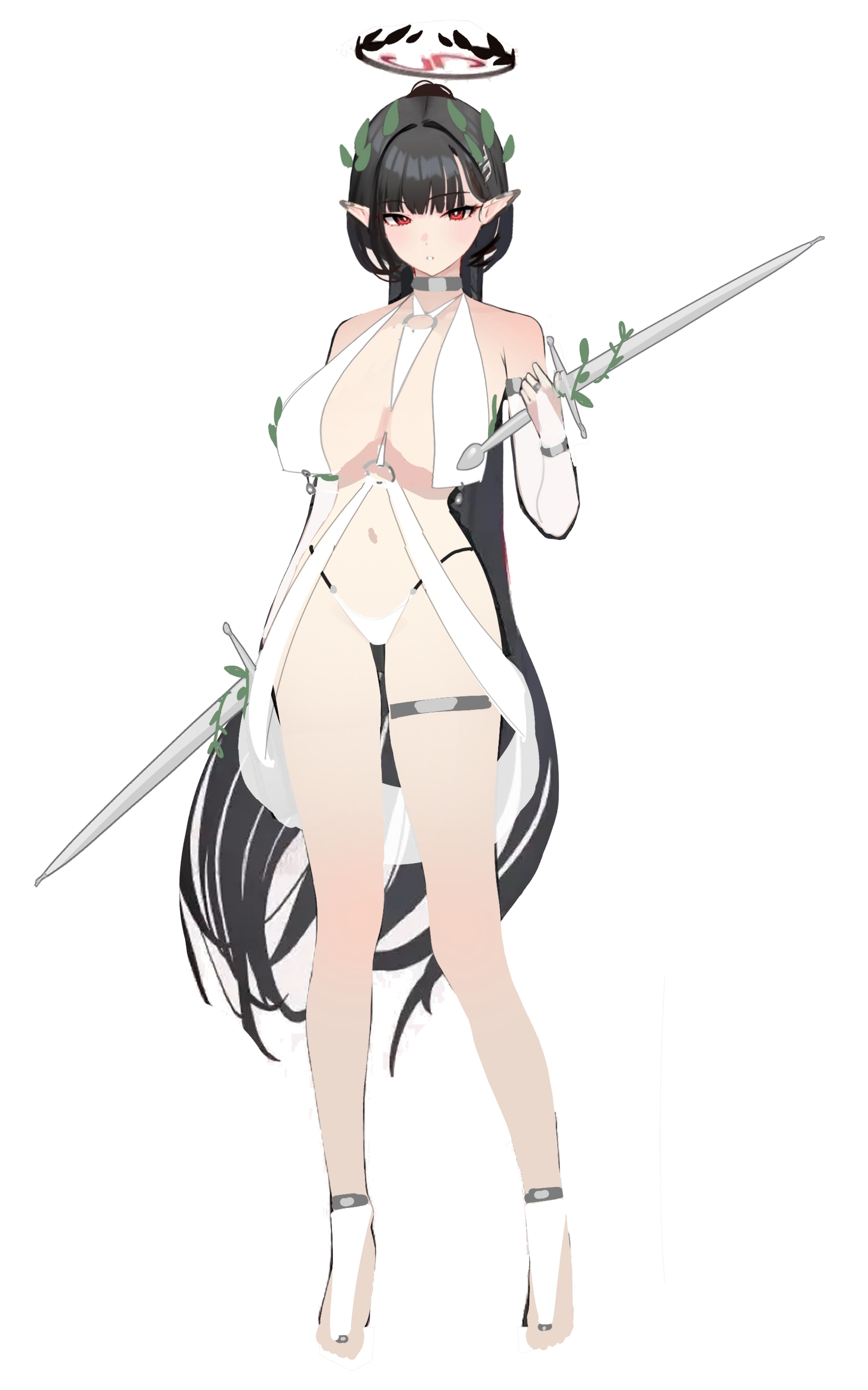 mizikayo, rio (blue archive), blue archive, absurdres, commentary, highres, symbol-only commentary, 1girl, alternate ears, black hair, breasts, full body, halo, holding, holding sword, holding weapon, large breasts, long hair, millennium science school logo, pointy ears, red eyes, solo, standing, sword, weapon