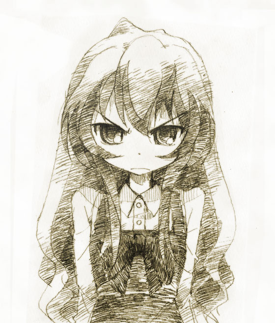 gofu, aisaka taiga, toradora!, traditional media, 00s, angry, brown theme, long hair, monochrome, school uniform, sketch, solo