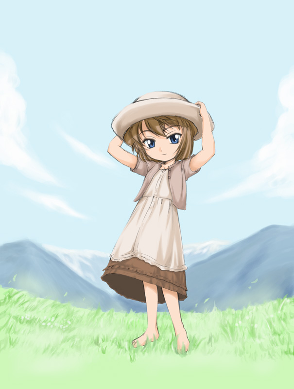 wan'yan aguda, haibara ai, meitantei conan, barefoot, blue eyes, brown hair, child, flat chest, grass, hat, solo