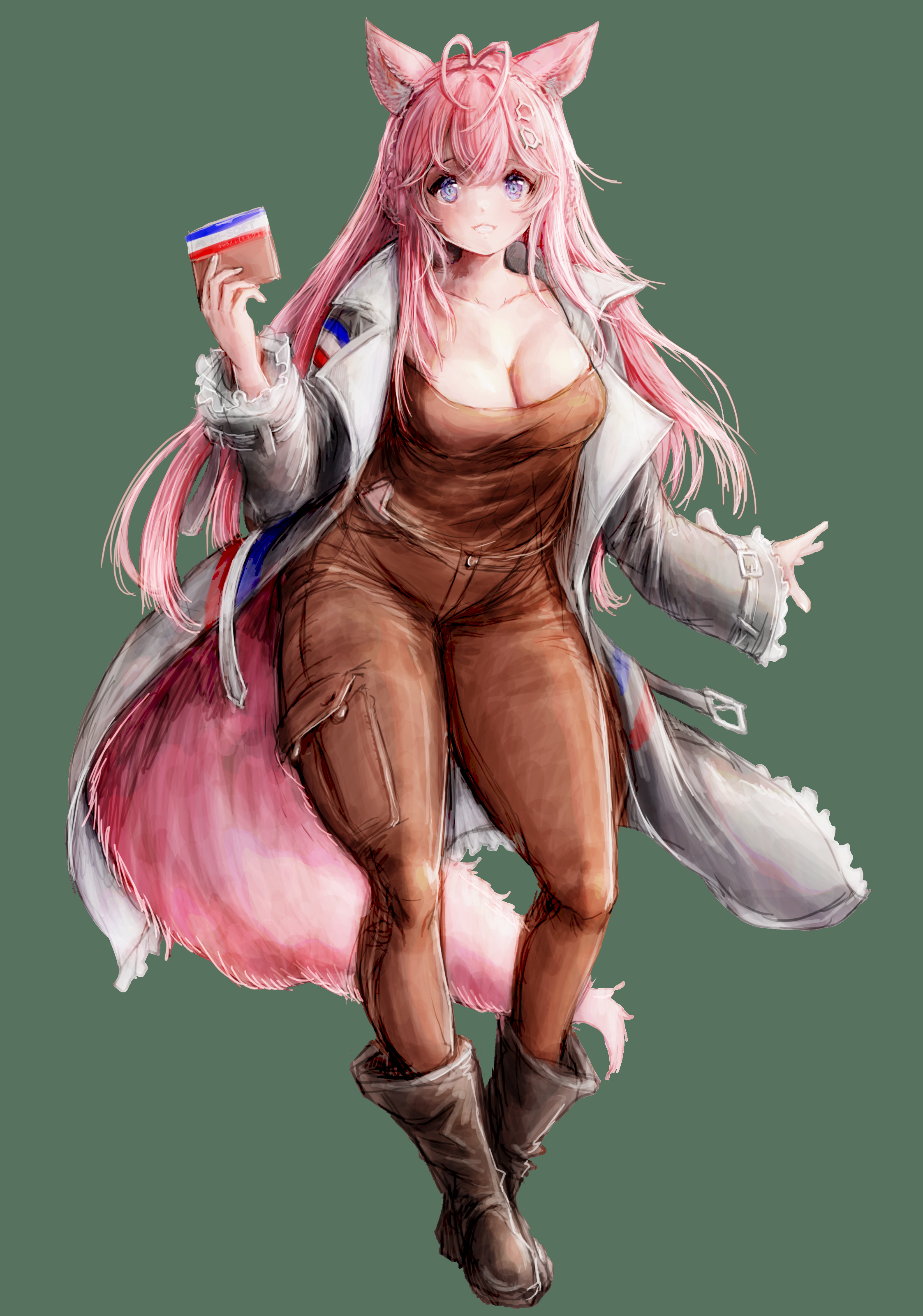 nymph rhythm, hakui koyori, hololive, holox, morinaga (brand), absurdres, commentary request, highres, ahoge, alternate costume, animal ear fluff, animal ears, boots, breasts, candy, caramel, cleavage, coat, denim, fluff, food, fur-trimmed sleeves, fur trim, hair ornament, holding, holding candy, holding food, jeans, long sleeves, looking at viewer, pants, pink eyes, pink hair, pocket, puffy sleeves, simple background, smile, strap, tail, wolf ears, wolf girl, wolf tail, zipper